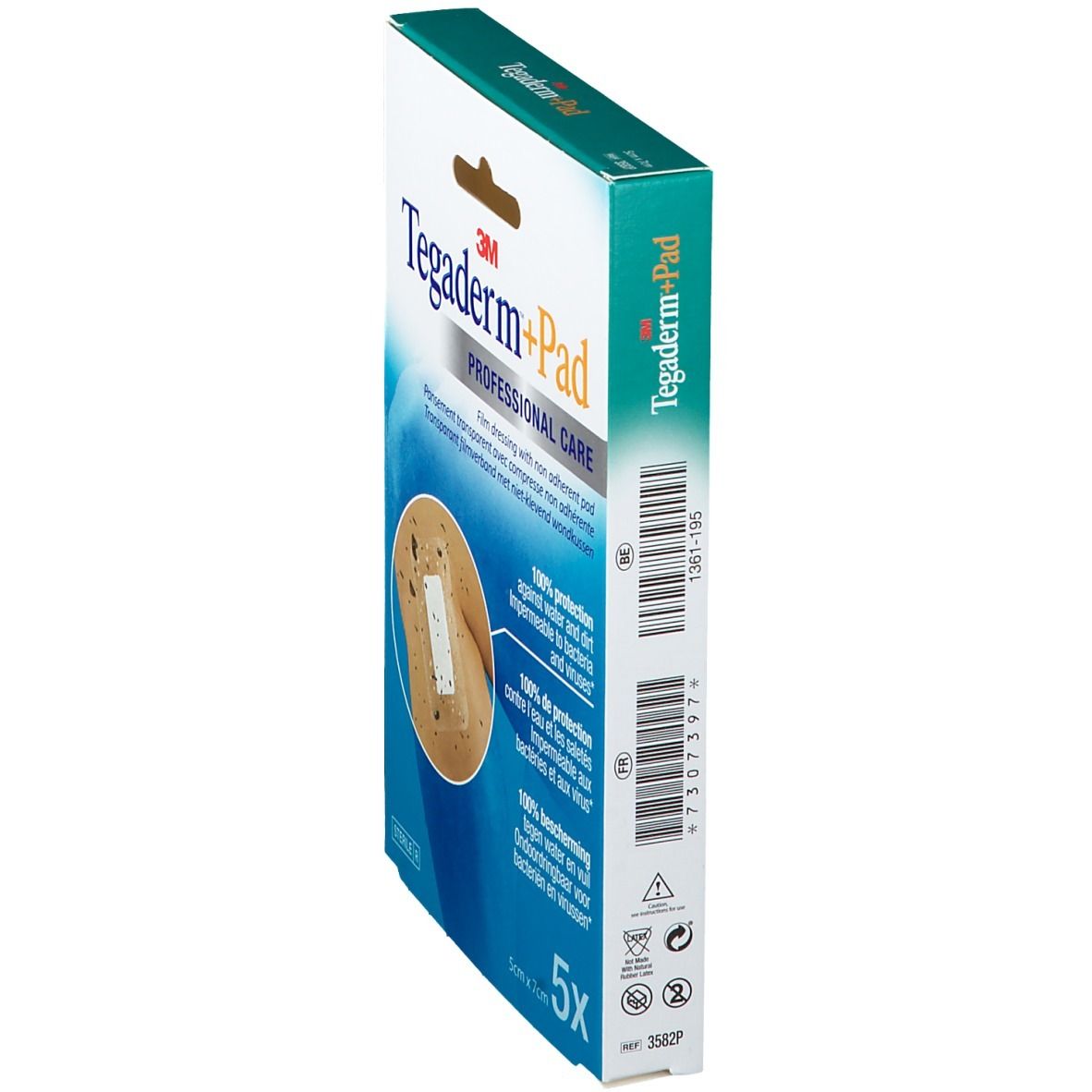 Vue latérale de la boîte de 3M Tegaderm+Pad. Contient 5 pansements transparents. Informations produit et code-barres sur le côté.
