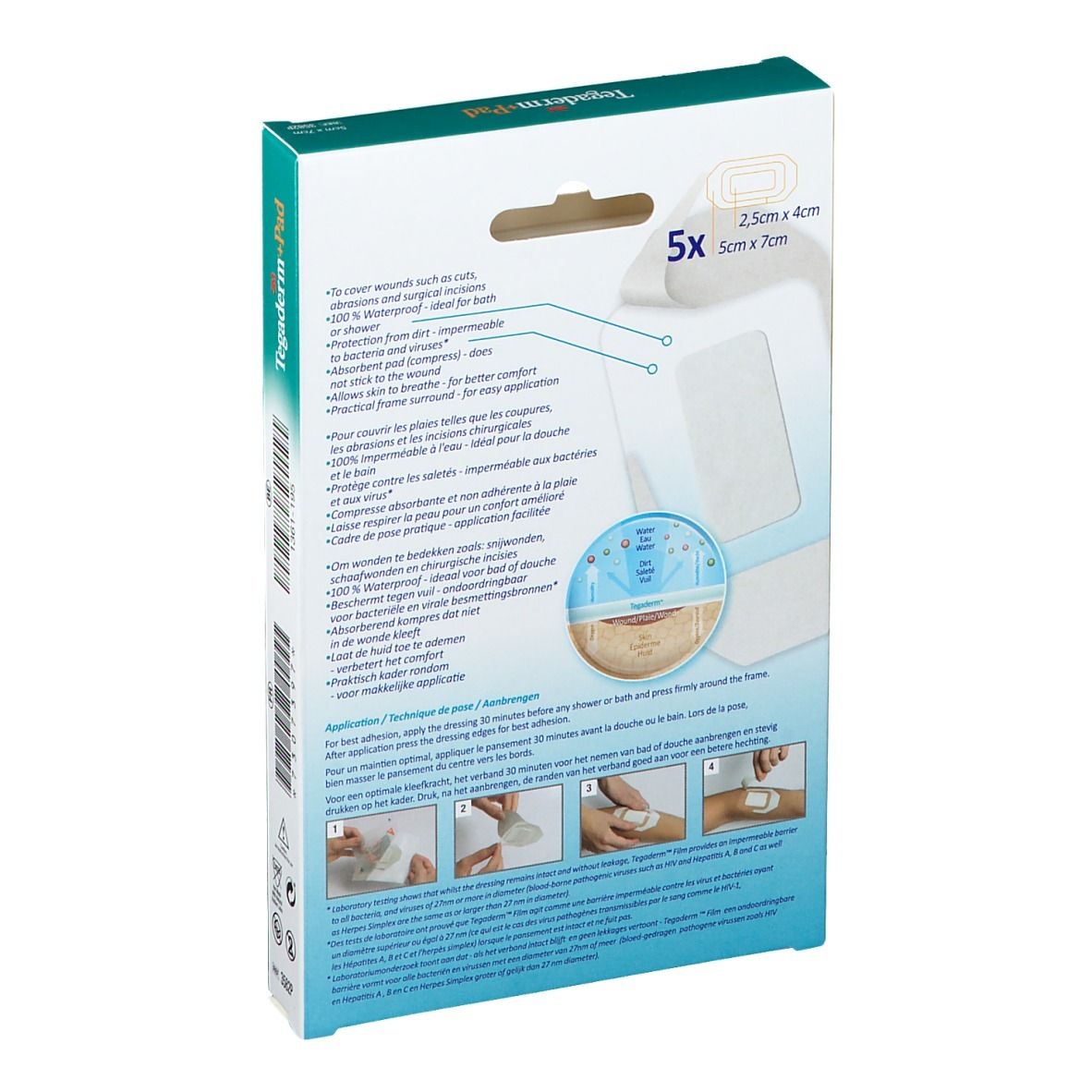 Dos de la boîte de 3M Tegaderm+Pad. Montre des exemples d'application et des informations sur le produit. Contient 5 pansements transparents.