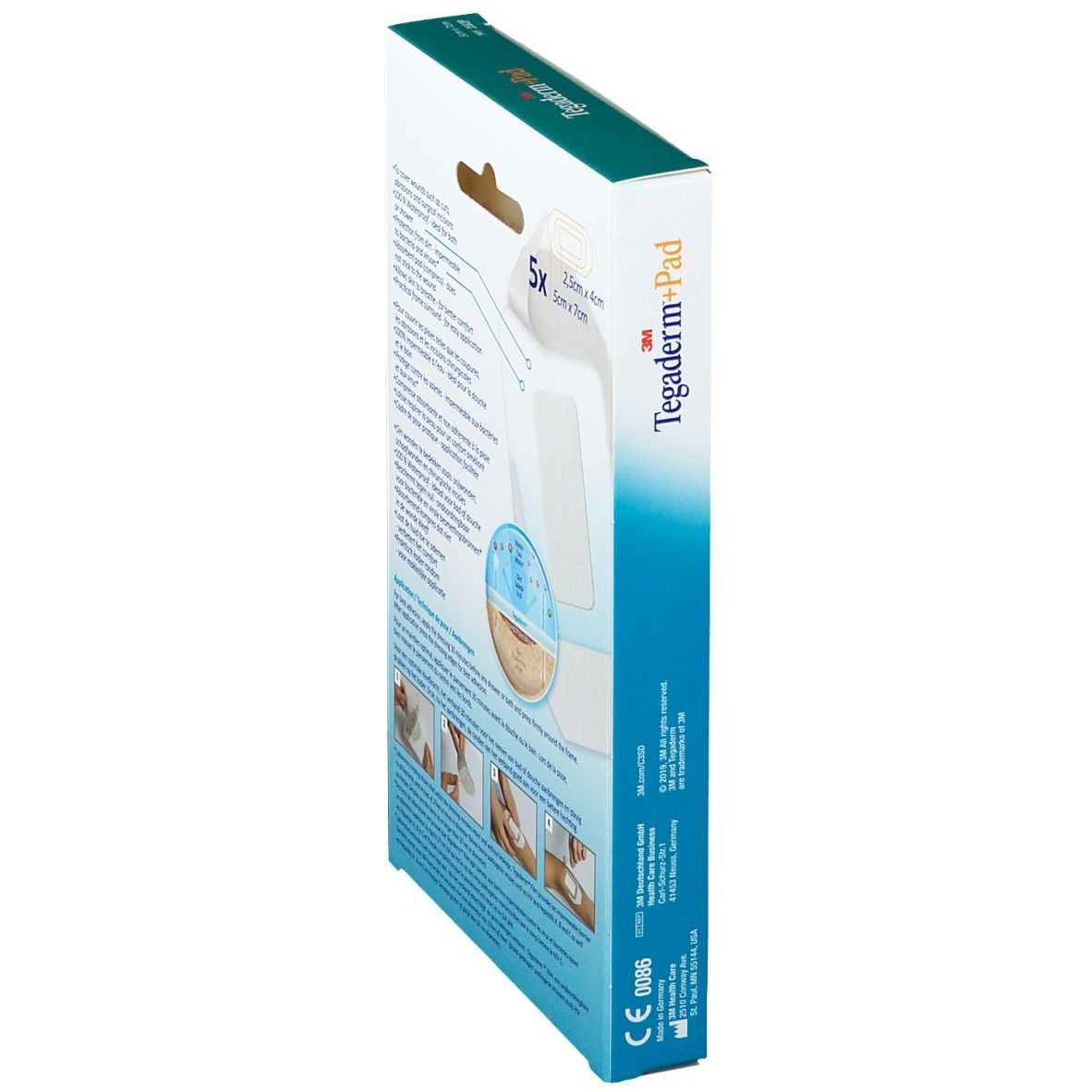 Vue latérale de la boîte de 3M Tegaderm+Pad. Montre des exemples d'application et des informations sur le produit. Contient 5 pansements transparents.