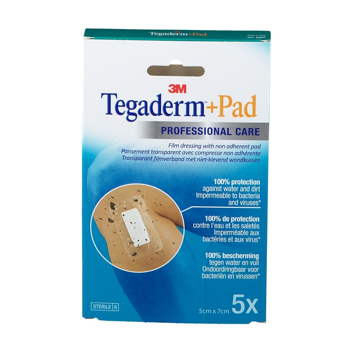 Vue de face de la boîte de 3M Tegaderm+Pad. Contient 5 pansements transparents, 5 x 7 cm. Protection 100% contre l'eau, la saleté, les bactéries et les virus.