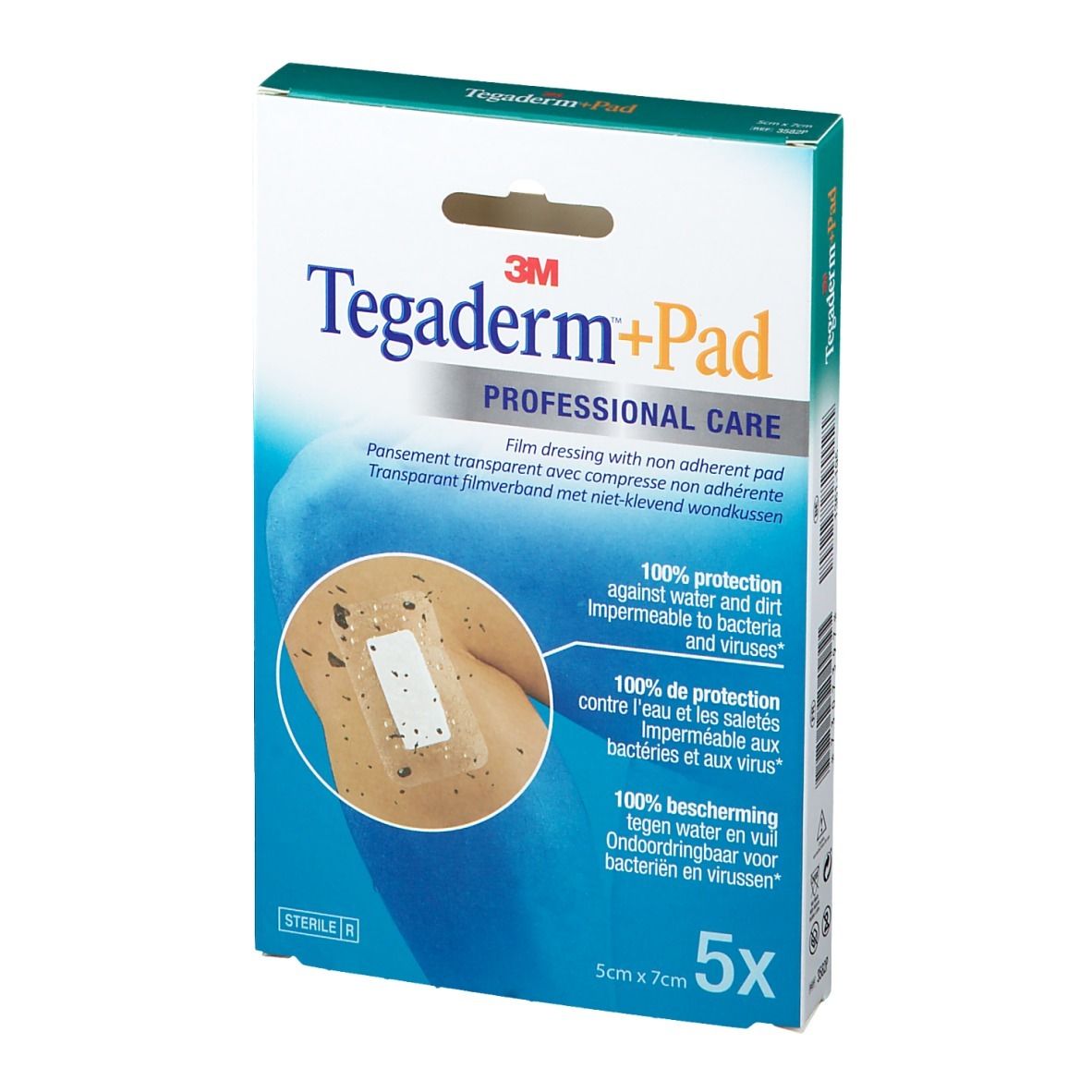 Vue de face de la boîte de 3M Tegaderm+Pad. Contient 5 pansements transparents, 5 x 7 cm. Protection 100% contre l'eau, la saleté, les bactéries et les virus.