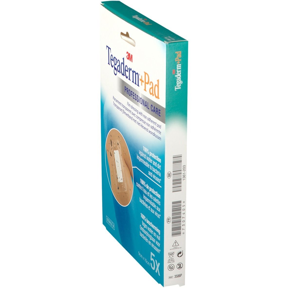 Vue latérale de la boîte de 3M Tegaderm+Pad. Contient 5 pansements stériles. Dimensions : 9cm x 10cm. Informations sur le produit visibles.