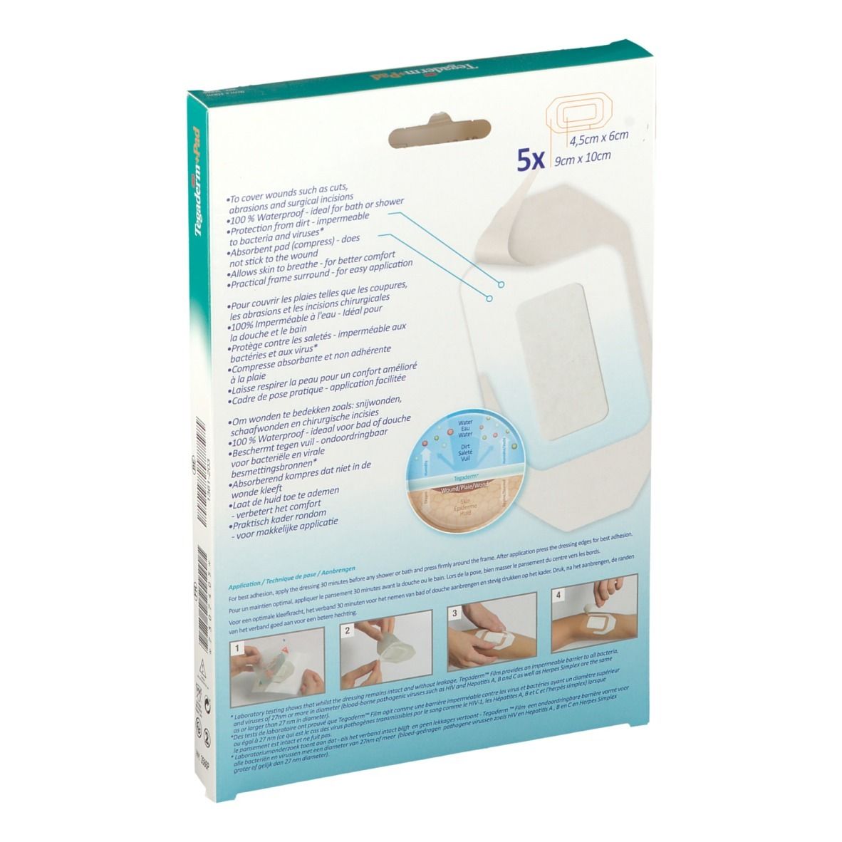 Dos de la boîte de 3M Tegaderm+Pad. Affiche les instructions d'utilisation et les informations sur le produit. Contient 5 pansements stériles.