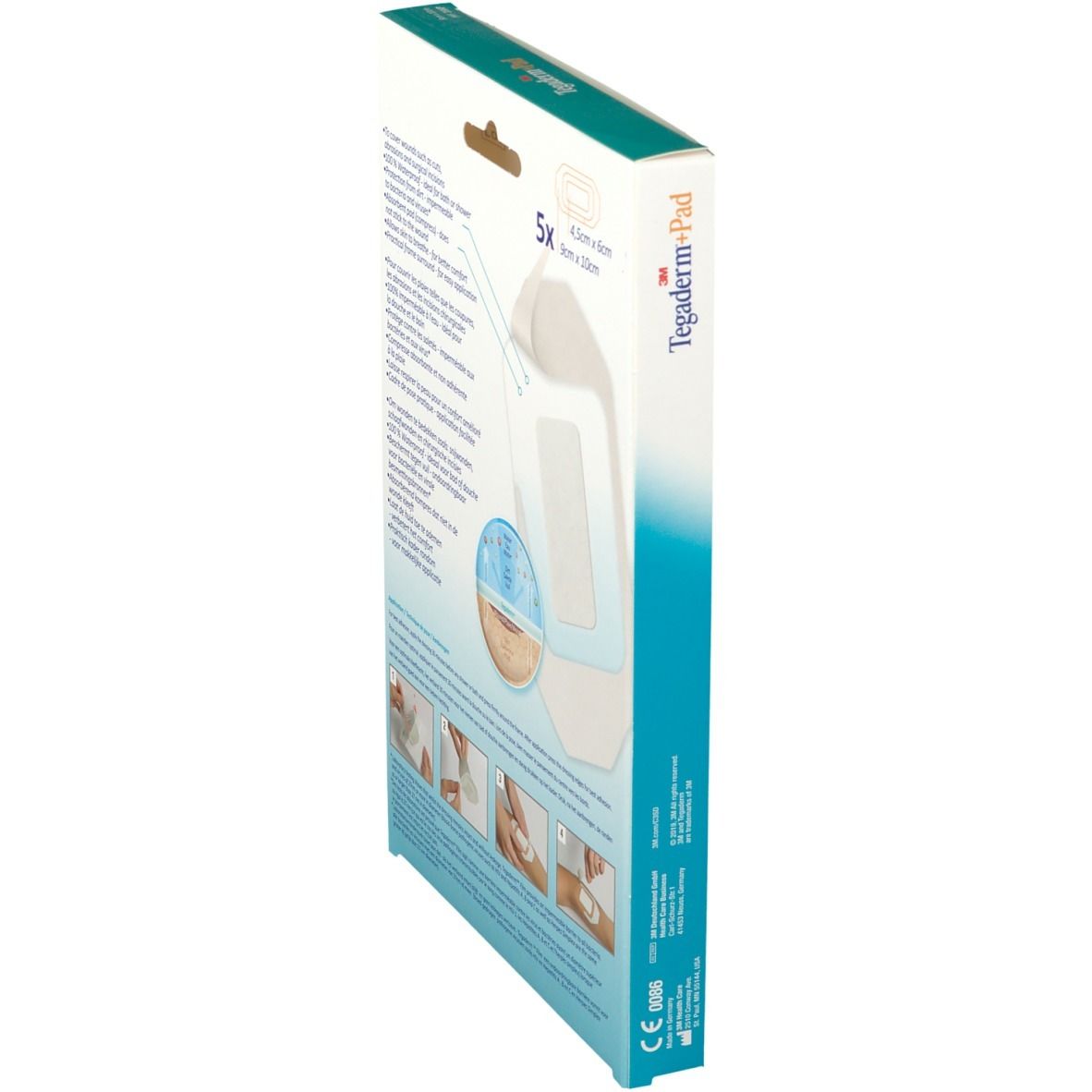 Vue latérale de la boîte de 3M Tegaderm+Pad. Affiche les instructions d'utilisation et les informations sur le produit. Contient 5 pansements stériles.