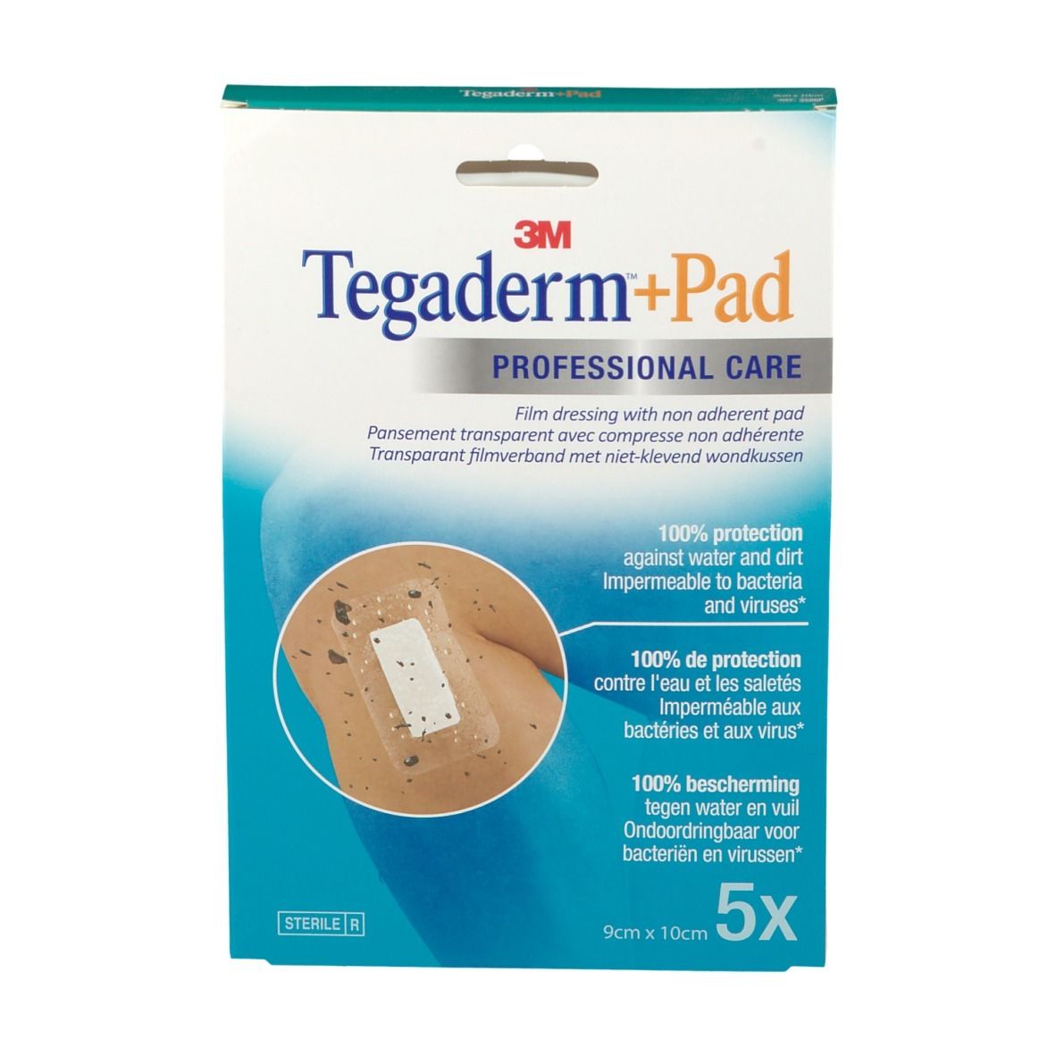 Boîte de 3M Tegaderm+Pad. Contient 5 pansements stériles. Dimensions : 9cm x 10cm. Protection contre l'eau, la saleté, les bactéries et les virus.