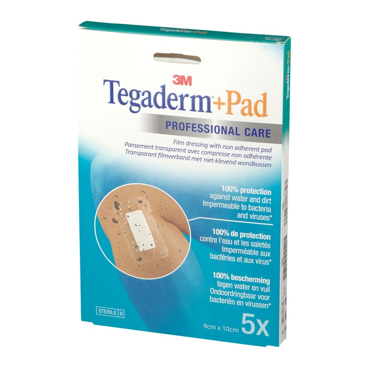 Boîte de 3M Tegaderm+Pad. Contient 5 pansements stériles. Dimensions : 9cm x 10cm. Protection contre l'eau, la saleté, les bactéries et les virus.