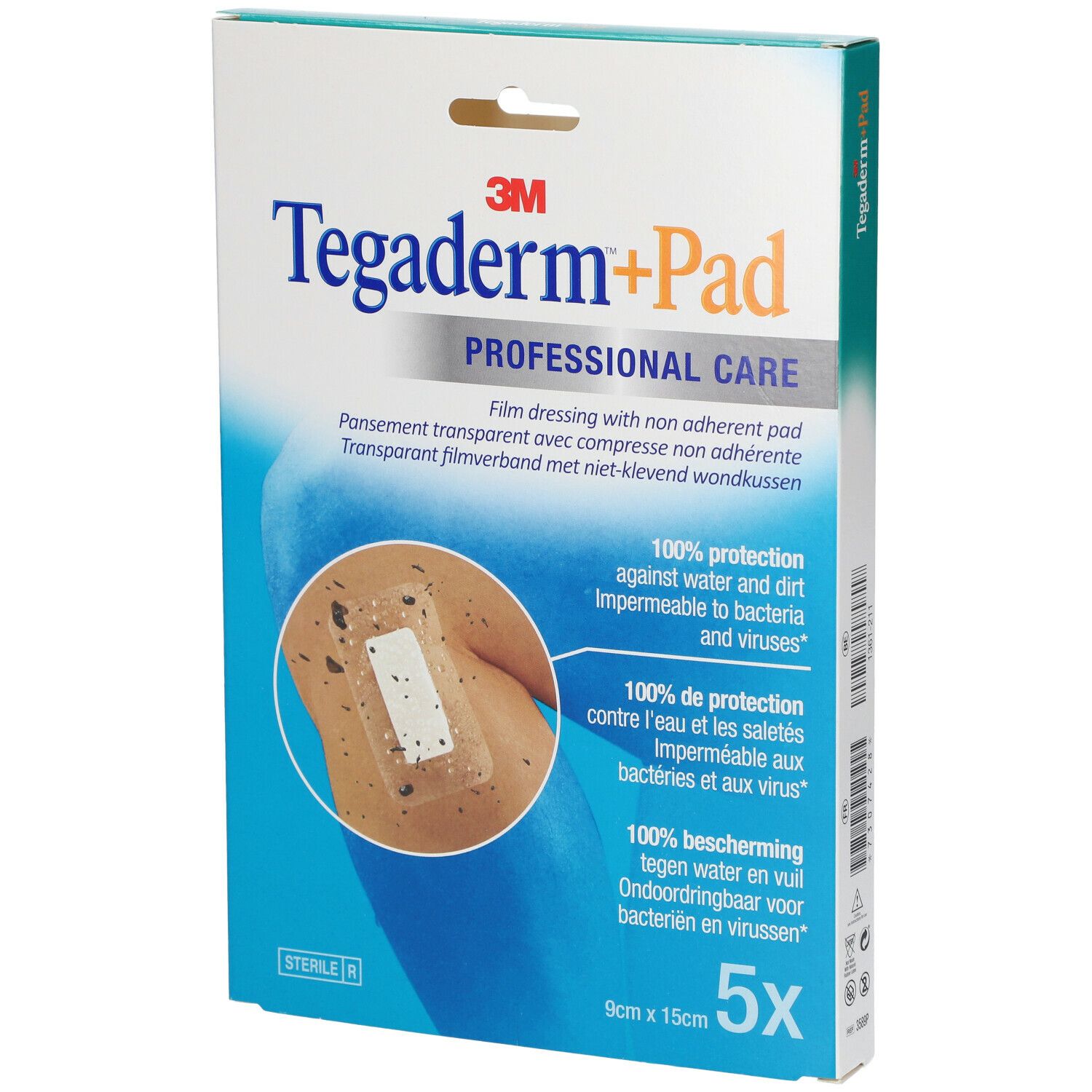 Boîte de 3M Tegaderm+Pad. Inscription: 5 pièces, 9 x 15 cm. Pansement transparent avec compresse non adhérente. Soins professionnels.