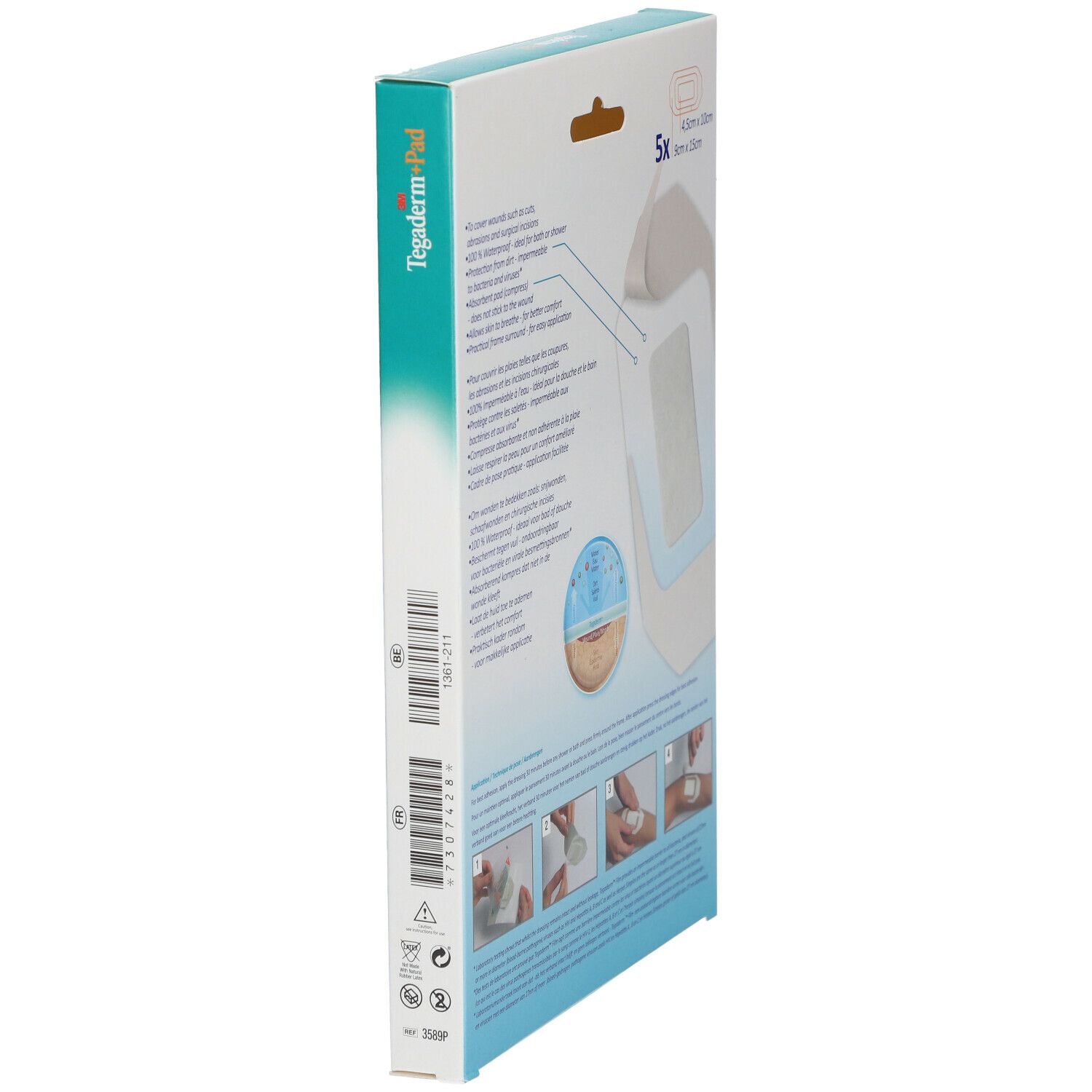 Vue latérale de la boîte 3M Tegaderm+Pad. Inscription: instructions d'utilisation, informations sur le produit. Produit: 5 pièces, 9 x 15 cm.