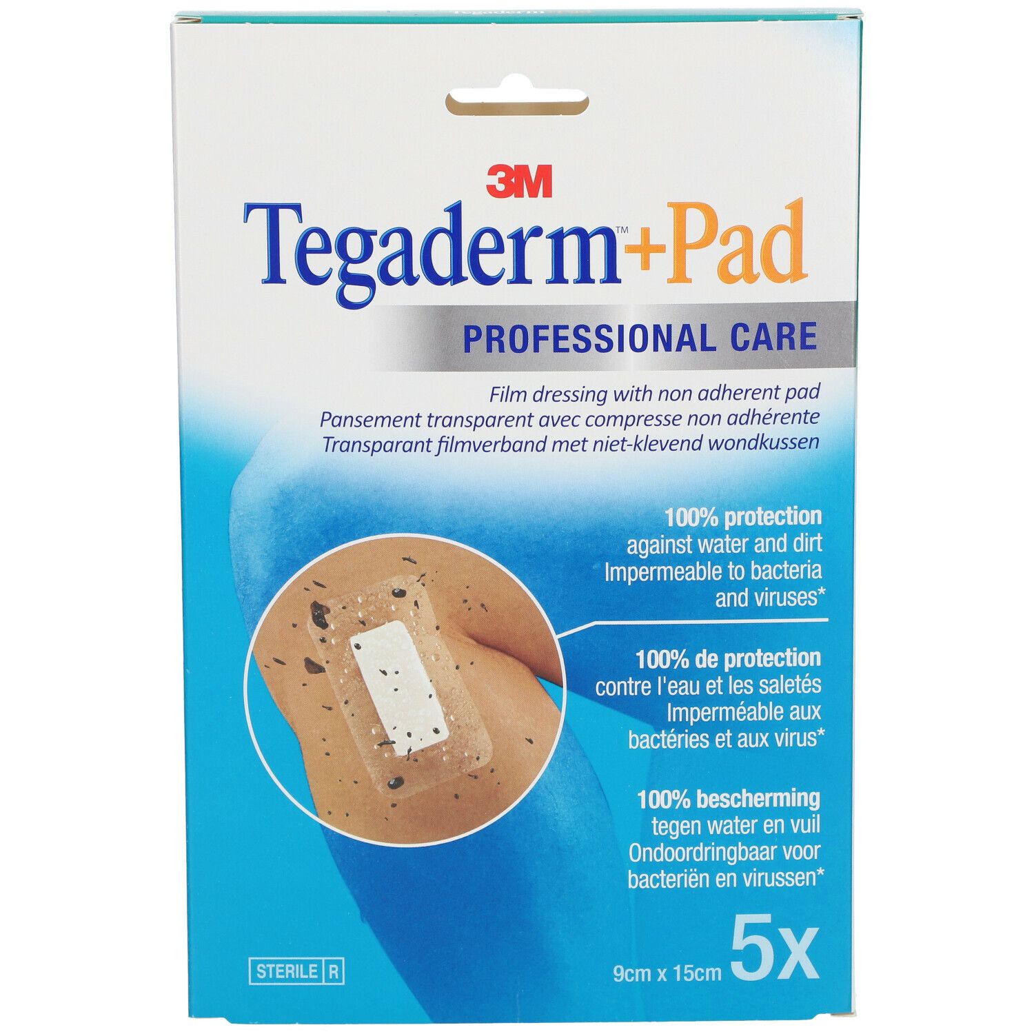 Boîte de 3M Tegaderm+Pad. Inscription: 5 pièces, 9 x 15 cm. Pansement transparent avec compresse non adhérente. Soins professionnels.