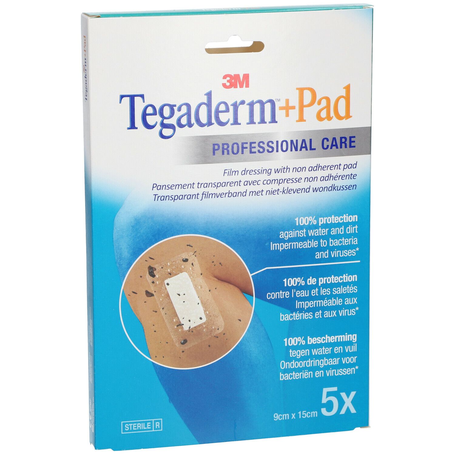 Boîte de 3M Tegaderm+Pad. Inscription: 5 pièces, 9 x 15 cm. Pansement transparent avec compresse non adhérente. Soins professionnels.