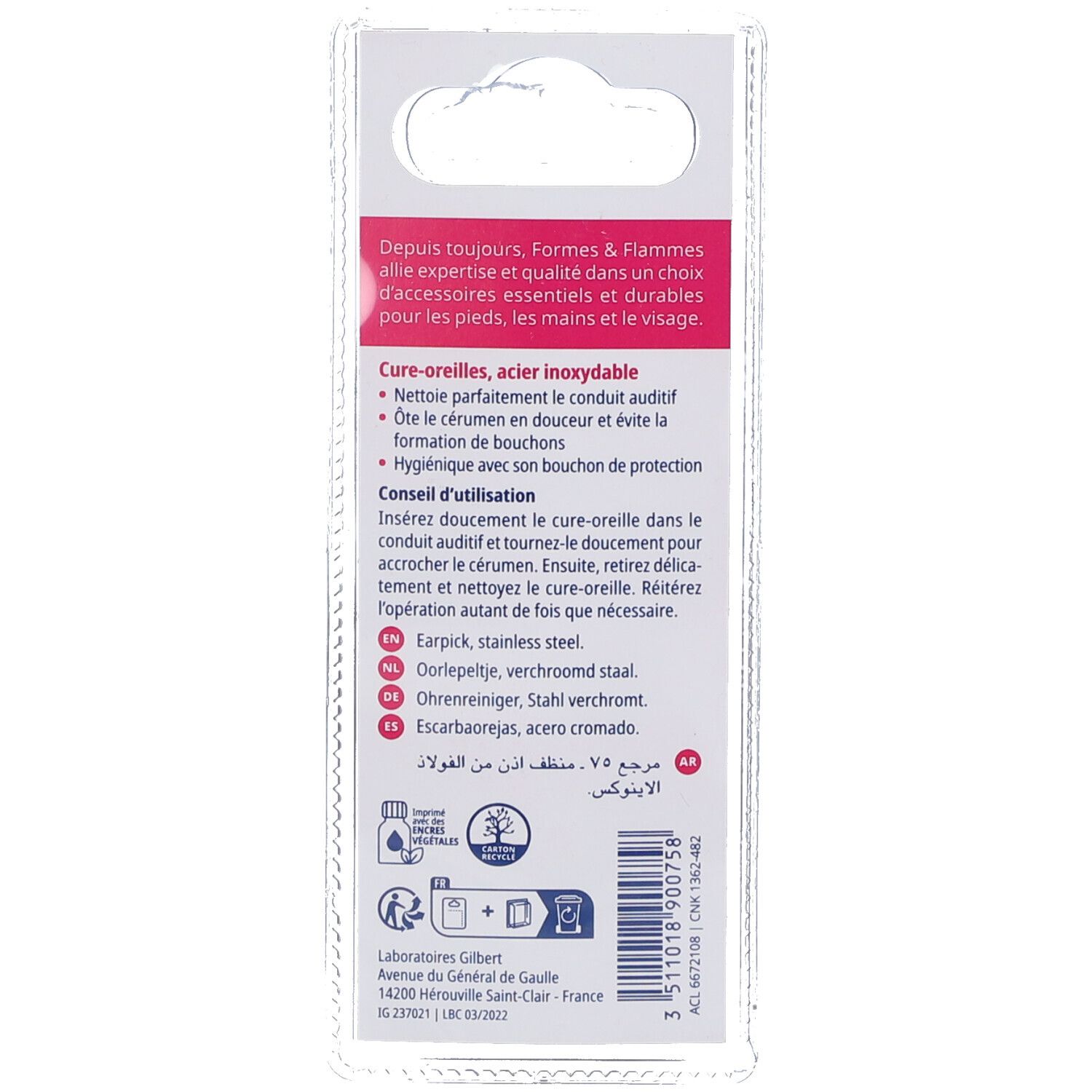 Rückseite der Blisterverpackung. Text in mehreren Sprachen. Marke: Formes & Flammes. Produktname: Cure-oreilles.