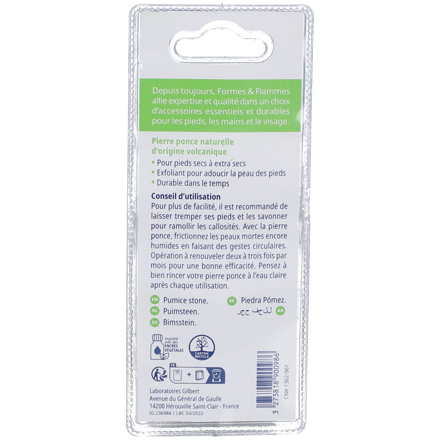 Rückseite der Blisterverpackung. Text in Französisch, Bimsstein-Beschreibung.