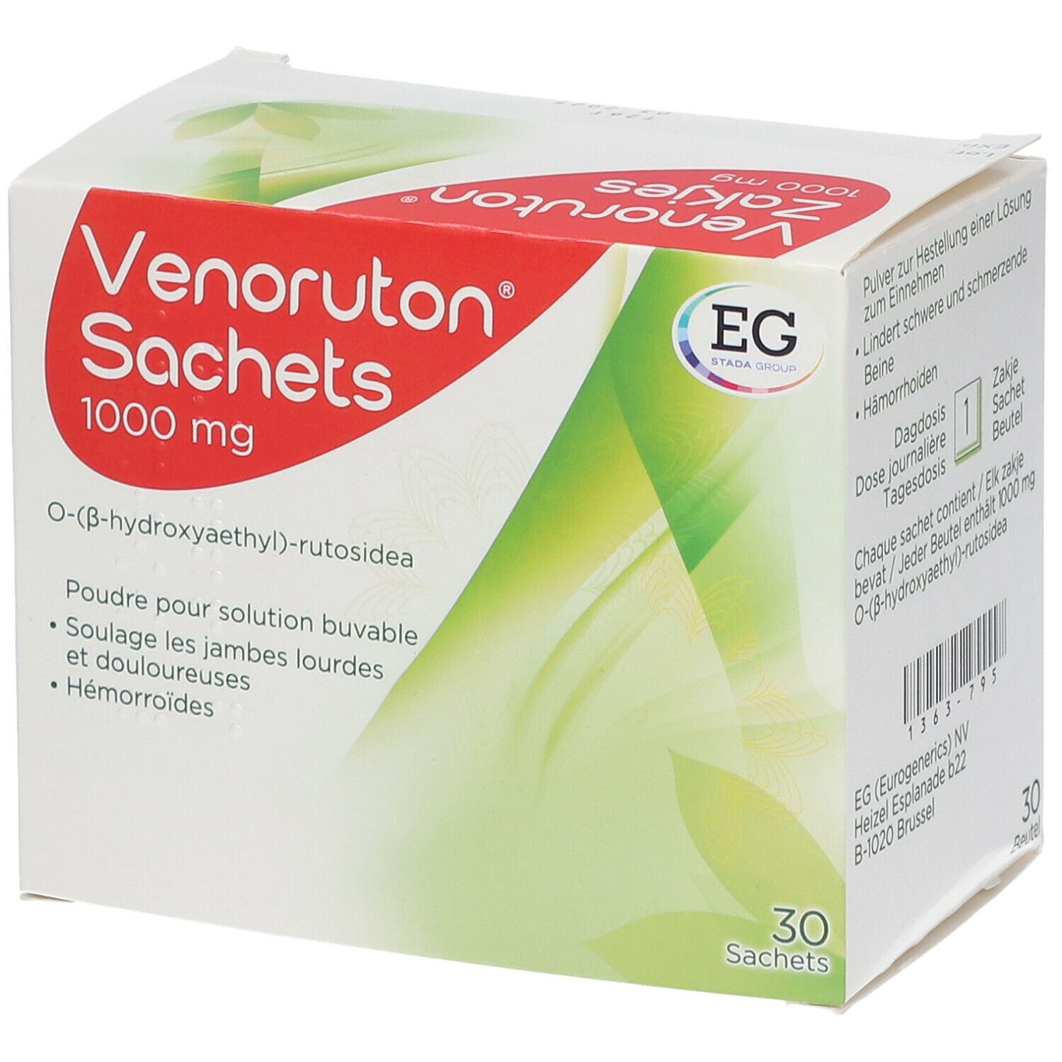 Boîte de Venoruton Sachets 1000 mg. Contient 30 sachets. Inscription: O-(β-hydroxyethyl)-rutosidea. Pour jambes lourdes et hémorroïdes.
