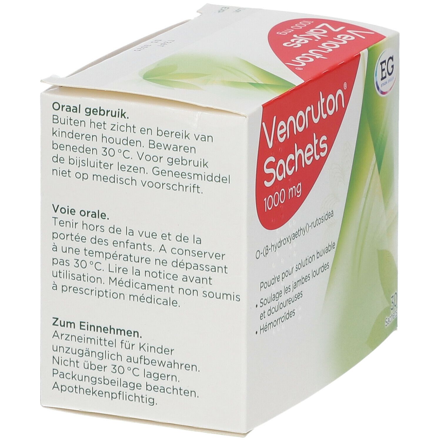 Boîte de Venoruton Zakjes 1000 mg. Contient 30 sachets. Texte en néerlandais et français. Pour jambes lourdes et hémorroïdes.