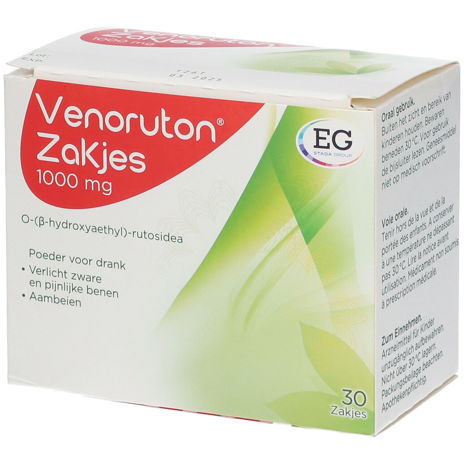 Boîte de Venoruton Zakjes 1000 mg. Contient 30 sachets. Texte en néerlandais. Pour jambes lourdes et hémorroïdes.
