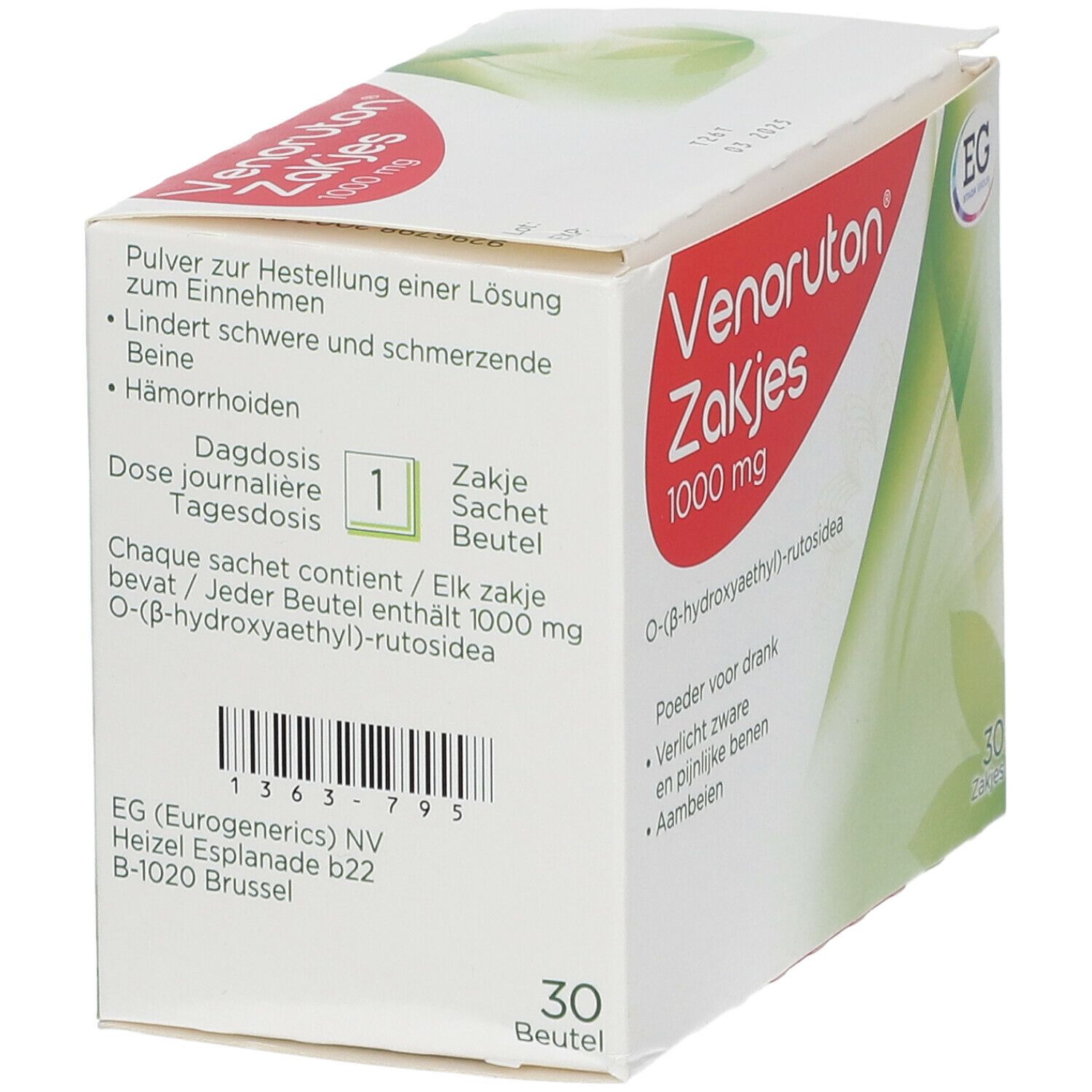 Boîte de Venoruton Zakjes 1000 mg. Contient 30 sachets. Texte en allemand. Pour jambes lourdes et hémorroïdes.