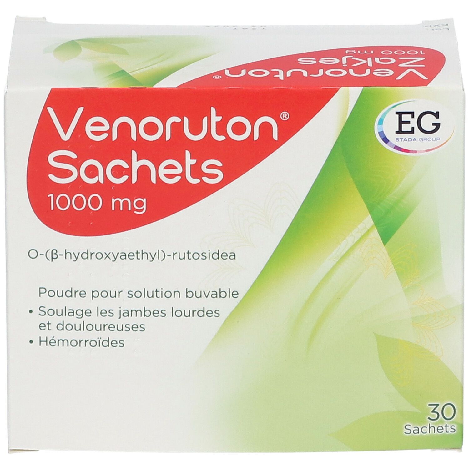 Boîte de Venoruton Sachets 1000 mg. Contient 30 sachets. Inscription: O-(β-hydroxyethyl)-rutosidea. Pour jambes lourdes et hémorroïdes.