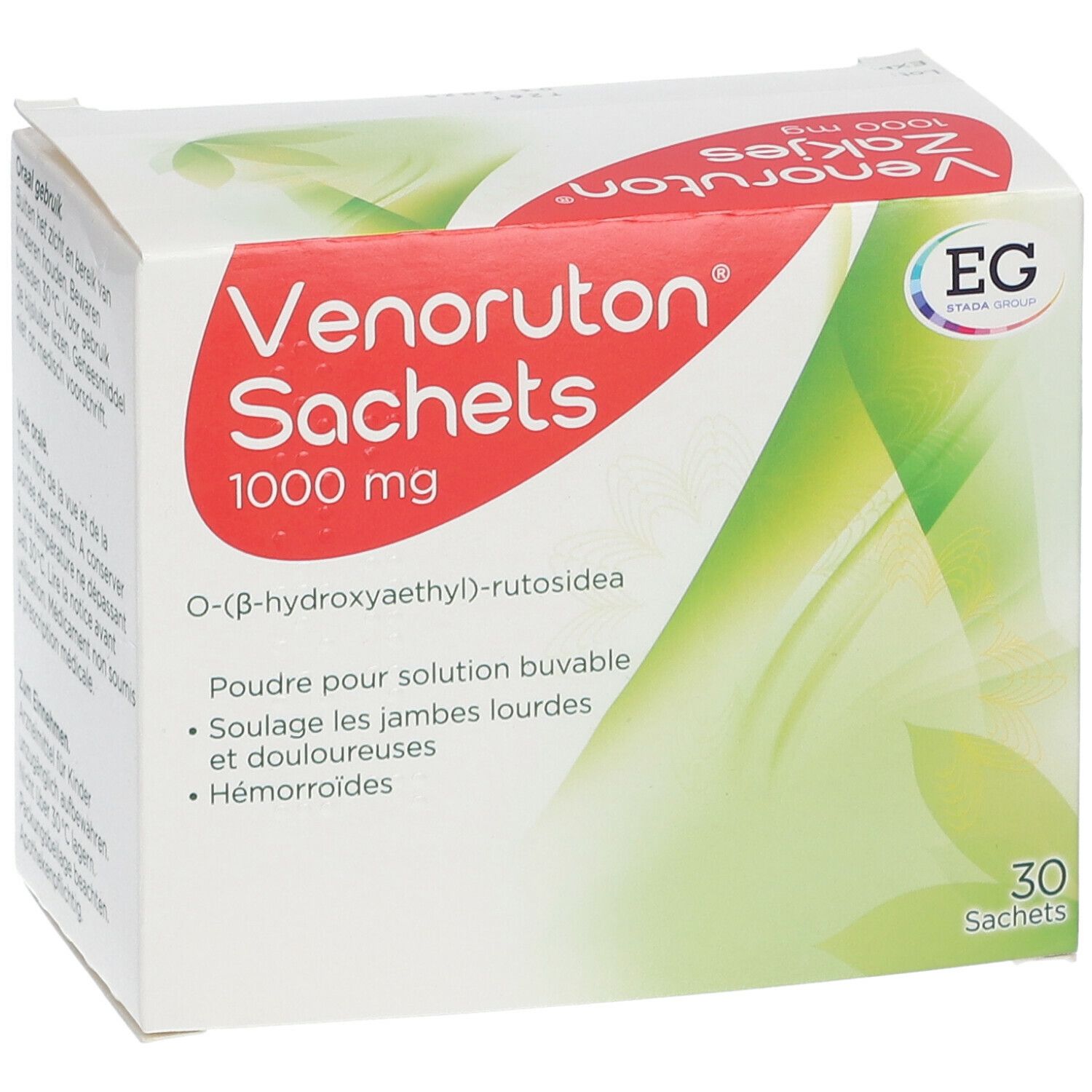 Boîte de Venoruton Sachets 1000 mg. Contient 30 sachets. Inscription: O-(β-hydroxyethyl)-rutosidea. Pour jambes lourdes et hémorroïdes.