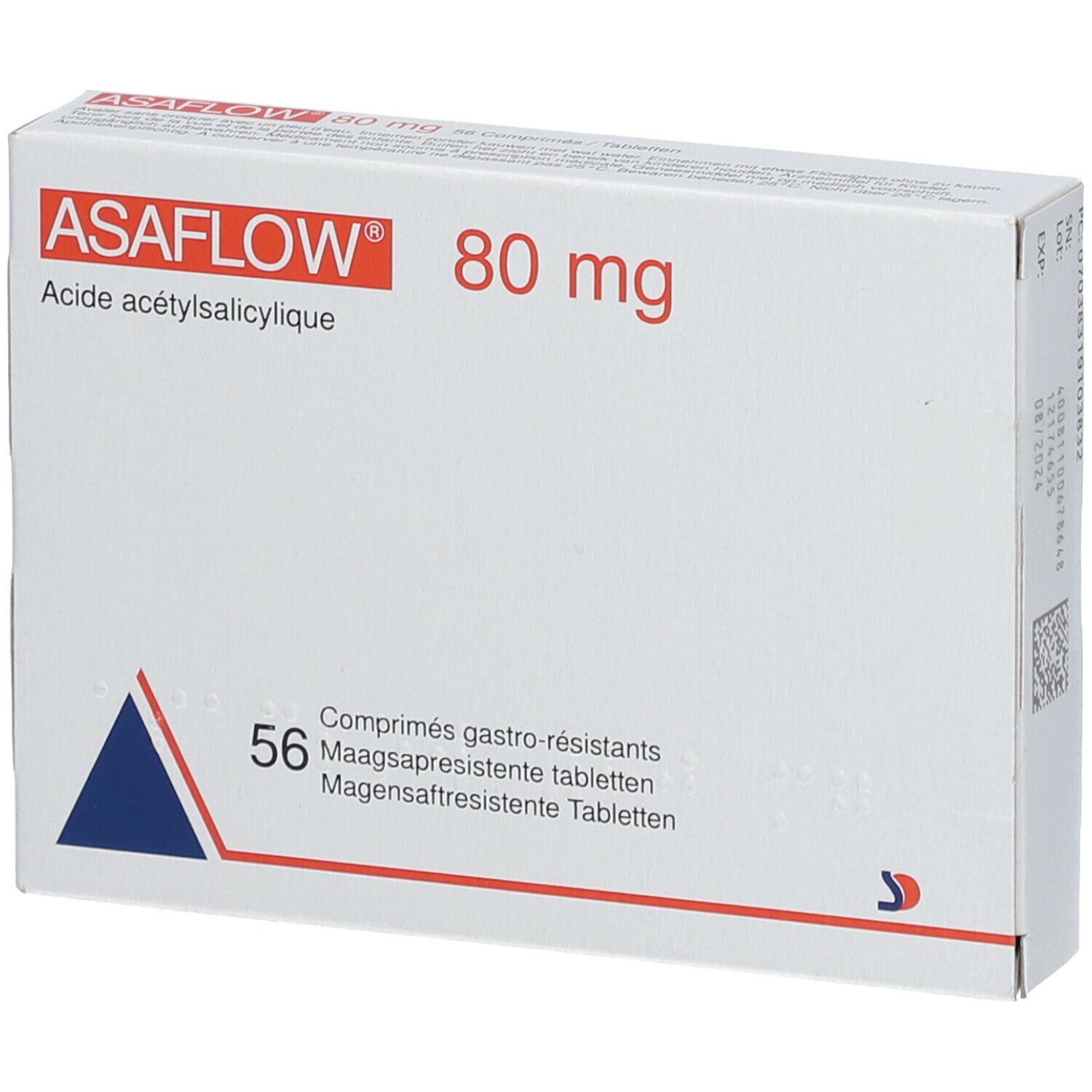 Doosje ASAFLOW 80 mg tabletten. Opschrift: 56 maagsapresistente tabletten. Blauwe driehoek.