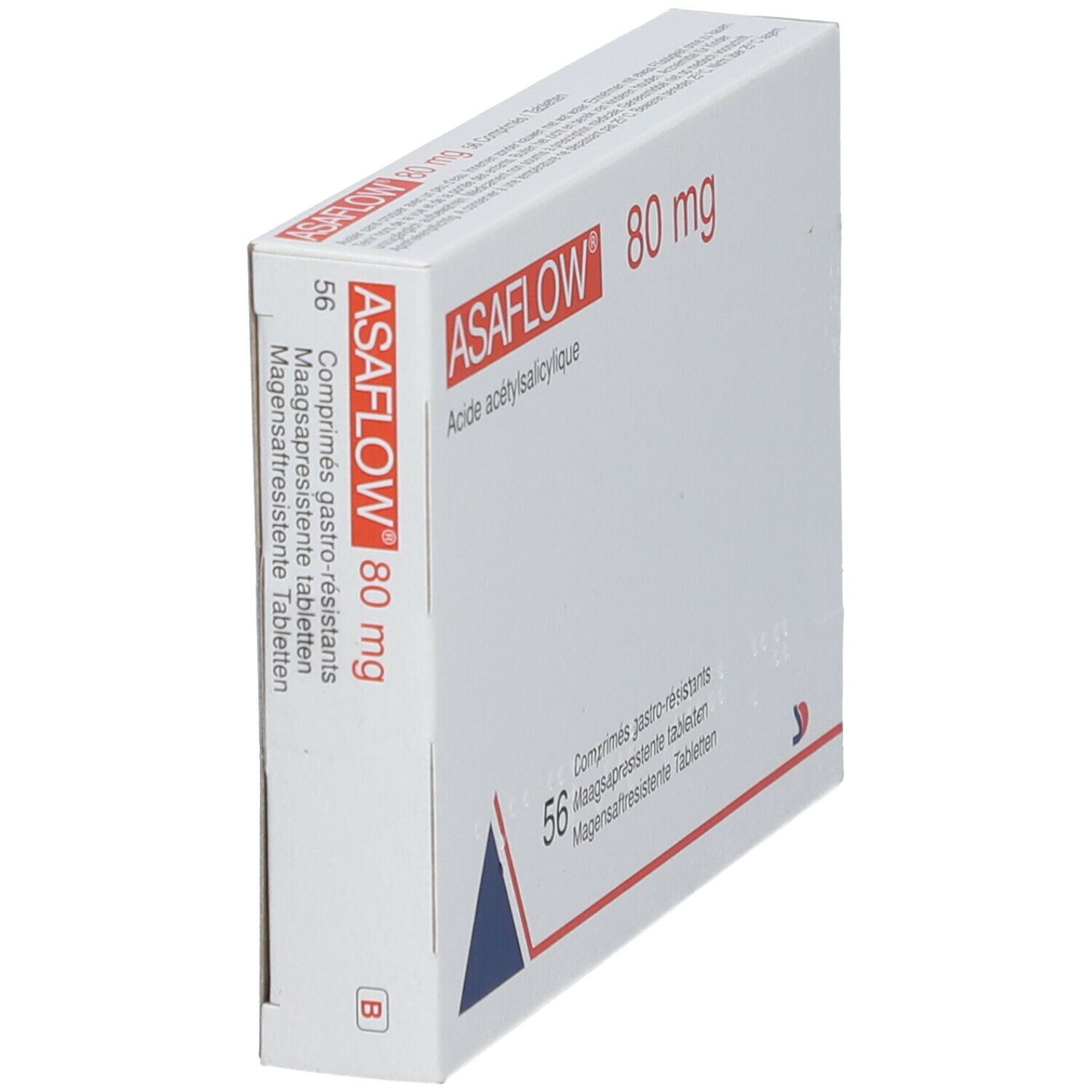Doosje ASAFLOW 80 mg tabletten. Opschrift: 56 maagsapresistente tabletten. Perspectief.