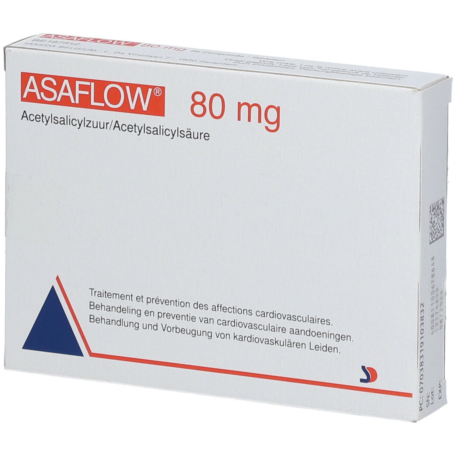 Doosje ASAFLOW 80 mg tabletten. Opschrift: Behandeling van cardiovasculaire aandoeningen. Blauwe driehoek.