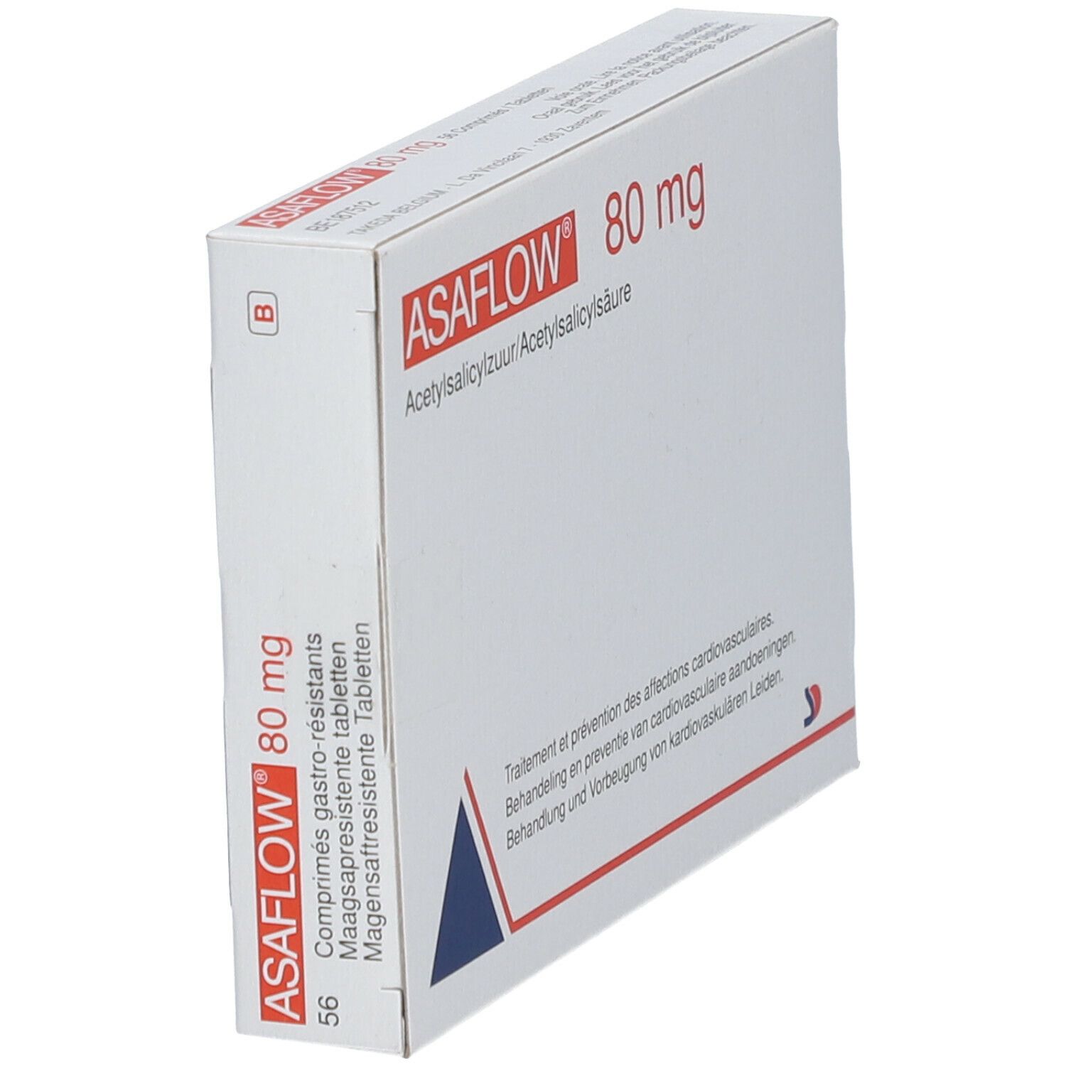 Doosje ASAFLOW 80 mg tabletten. Opschrift: Behandeling van cardiovasculaire aandoeningen. Perspectief.