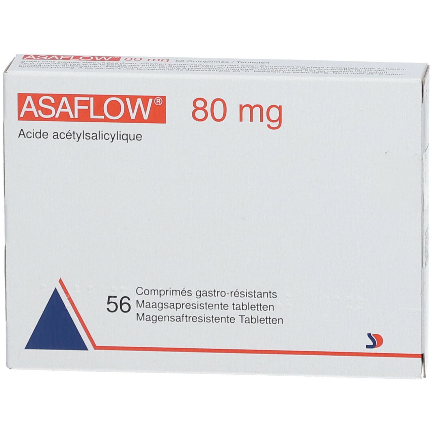 Doosje ASAFLOW 80 mg tabletten. Opschrift: 56 maagsapresistente tabletten. Blauwe driehoek.