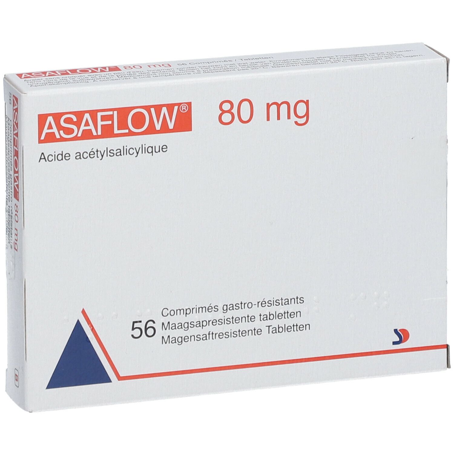 Doosje ASAFLOW 80 mg tabletten. Opschrift: 56 maagsapresistente tabletten. Blauwe driehoek.