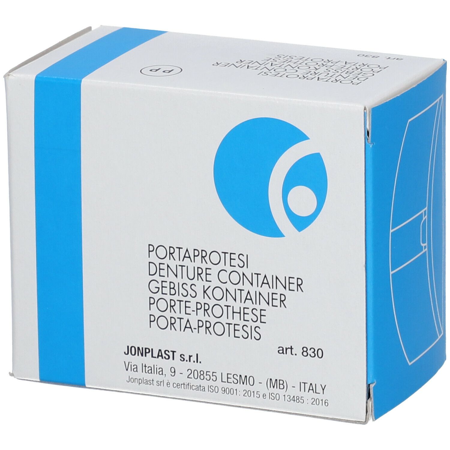 Boîte blanche avec bande bleue et logo. Inscription : PORTAPROTESI, Gebiss Kontainer. Art. 830. Jonplast s.r.l.
