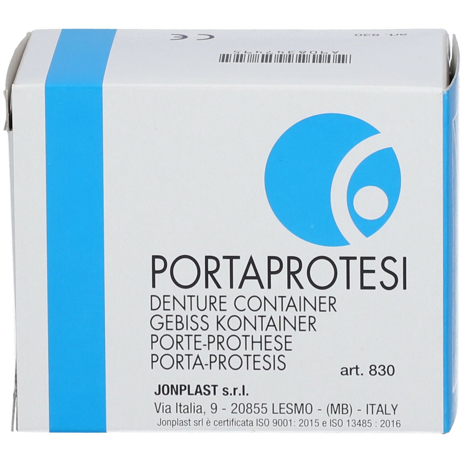Boîte blanche avec bande bleue et logo. Inscription : PORTAPROTESI, Gebiss Kontainer. Art. 830. Jonplast s.r.l.