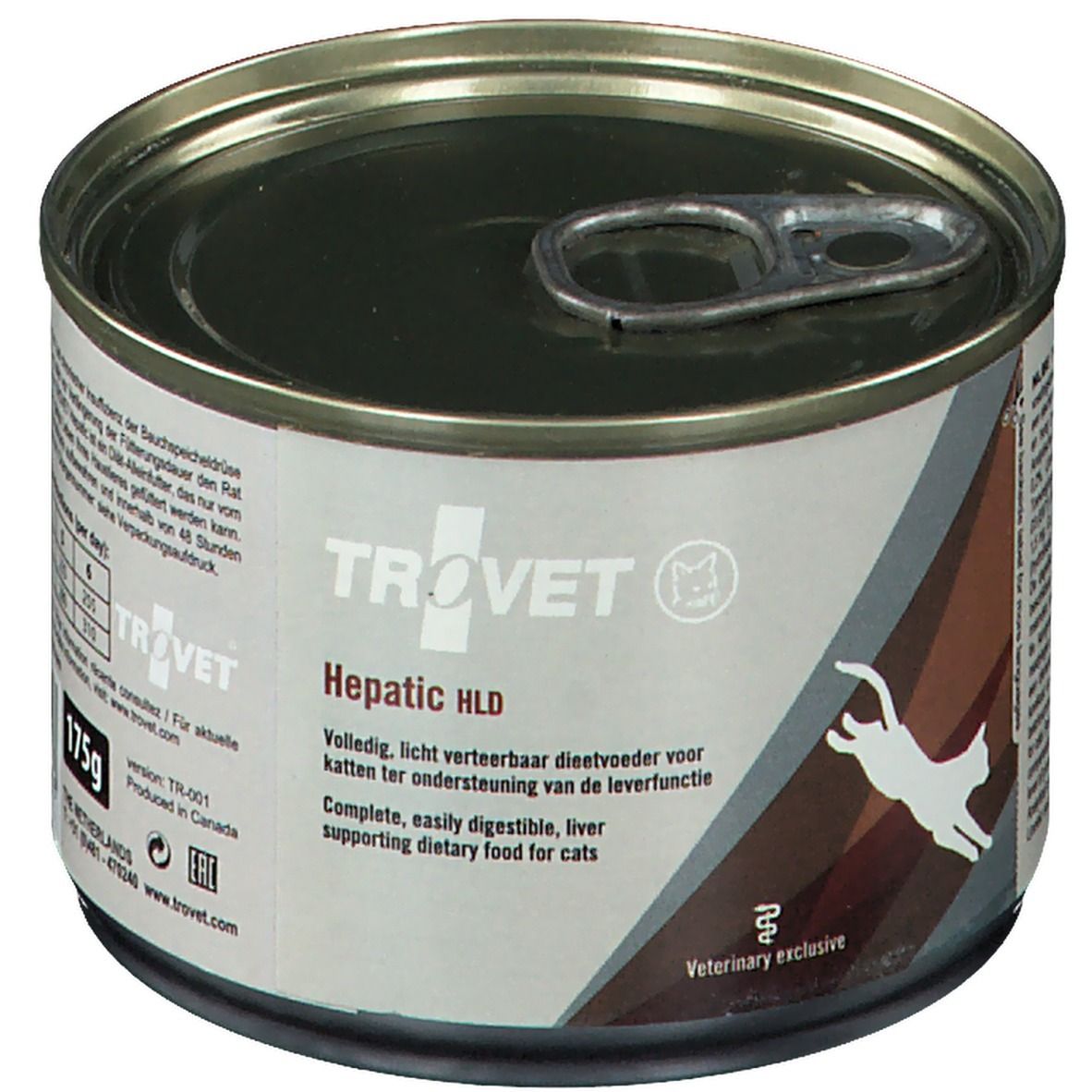 Metall-Dose mit TROVET Hepatic HLD. Braune und weiße Etiketten. Katze-Silhouette. "Veterinary exclusive".