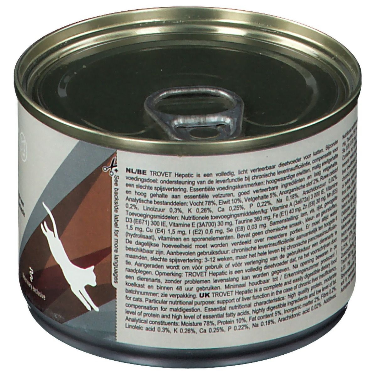 Dose mit Text. TROVET Hepatic. Inhaltsstoffe und Nährwertangaben. Katze-Silhouette. "Veterinary exclusive".