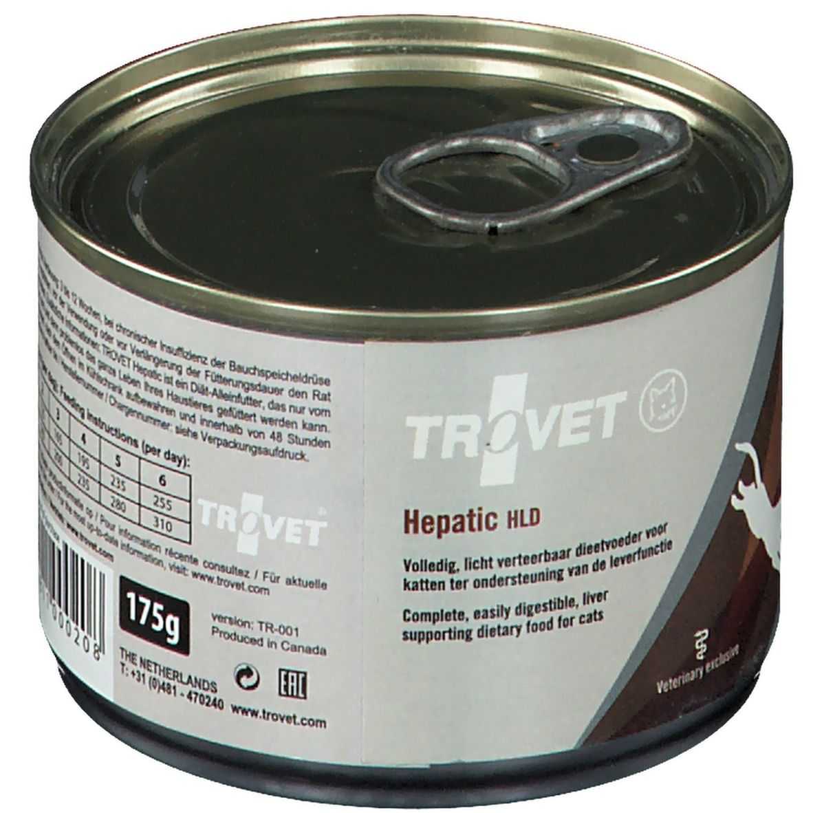 Metall-Dose mit TROVET Hepatic HLD. Braune und weiße Etiketten. Katze-Silhouette. "Veterinary exclusive".