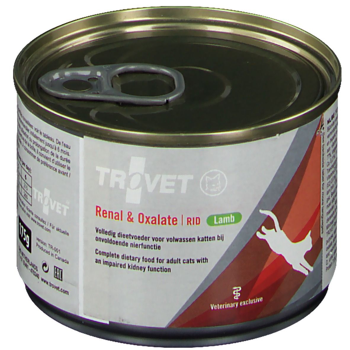 Boîte Trovet RID Renal & Oxalate. Étiquette avec nom du produit, silhouette de chat. Variante "Lamb". "Veterinary exclusive".