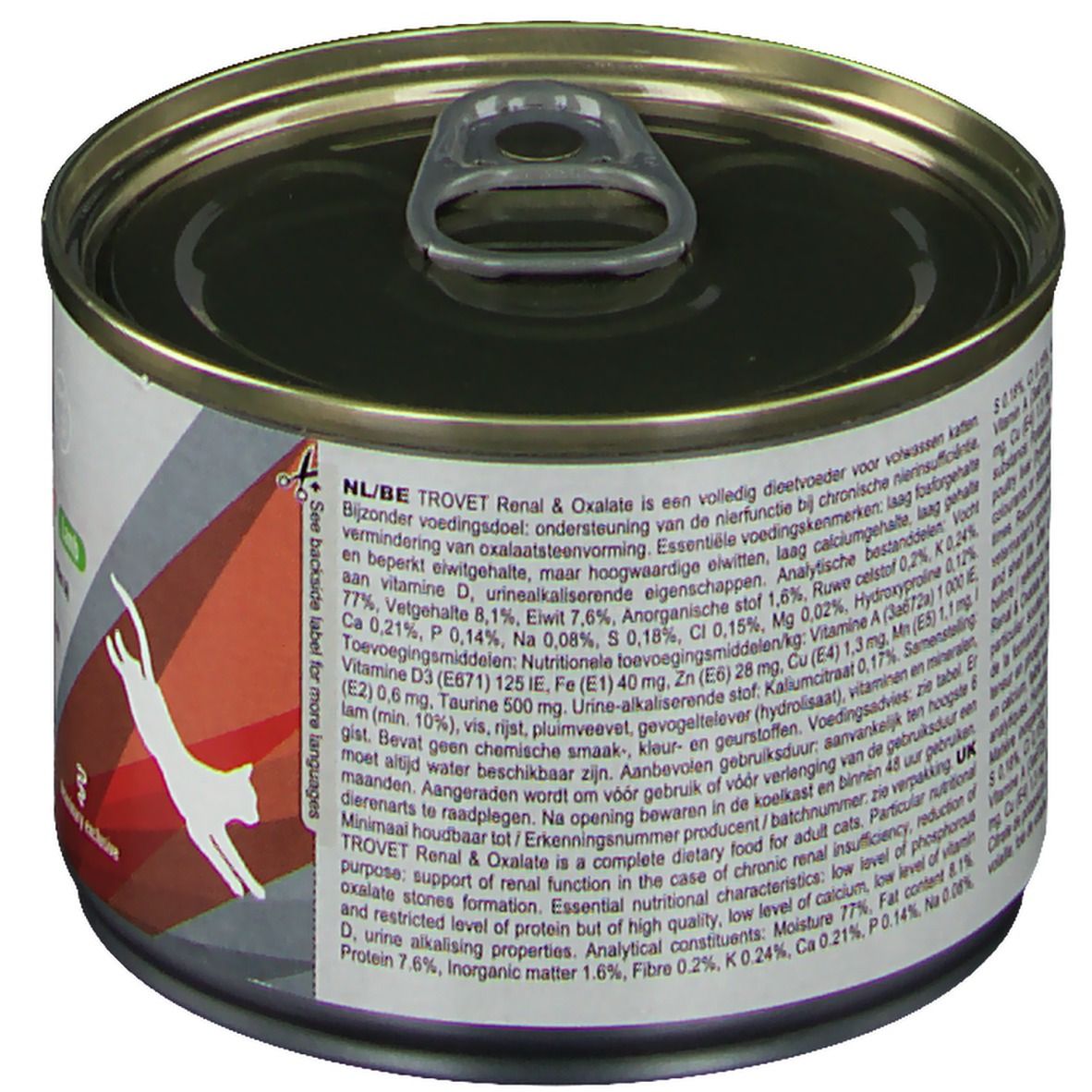 Boîte Trovet RID Renal & Oxalate. Vue détaillée des étiquettes avec informations produit. Texte en néerlandais.