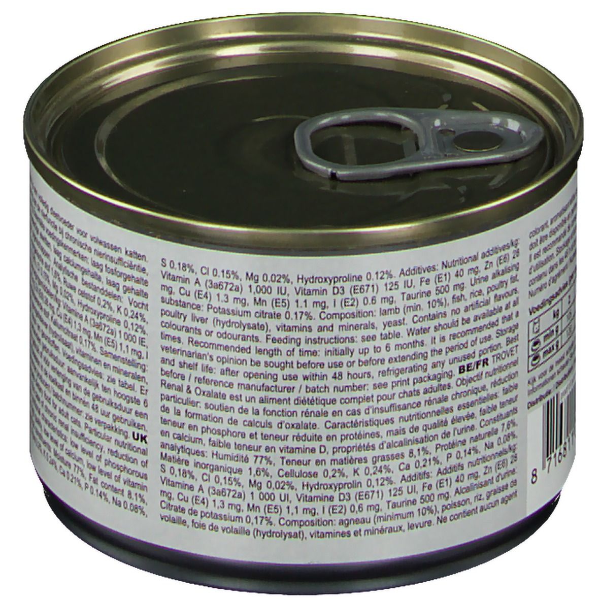 Boîte Trovet RID Renal & Oxalate. Vue détaillée des étiquettes avec informations produit. Texte en néerlandais.