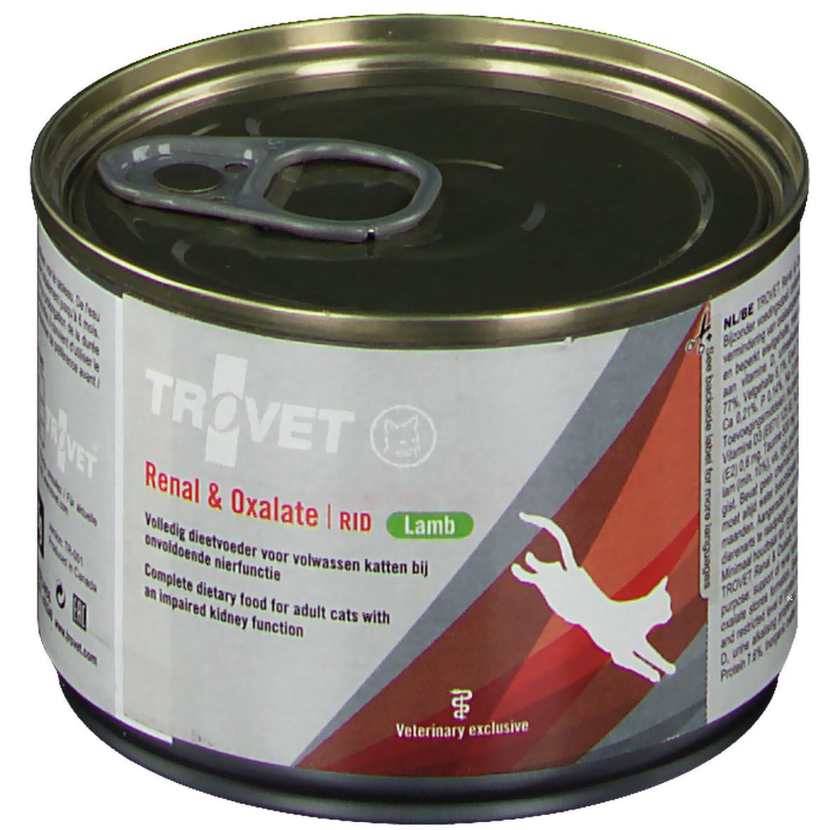 Boîte Trovet RID Renal & Oxalate. Étiquette avec nom du produit, silhouette de chat. Variante "Lamb". "Veterinary exclusive".