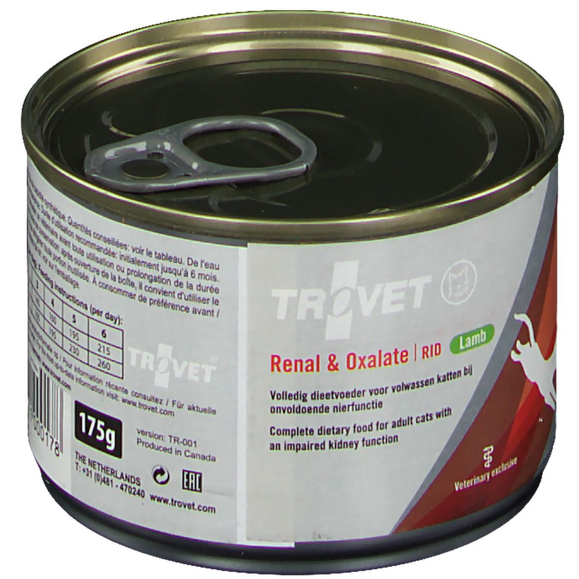 Boîte Trovet RID Renal & Oxalate. Étiquette avec nom du produit, silhouette de chat. Variante "Lamb". 175g.