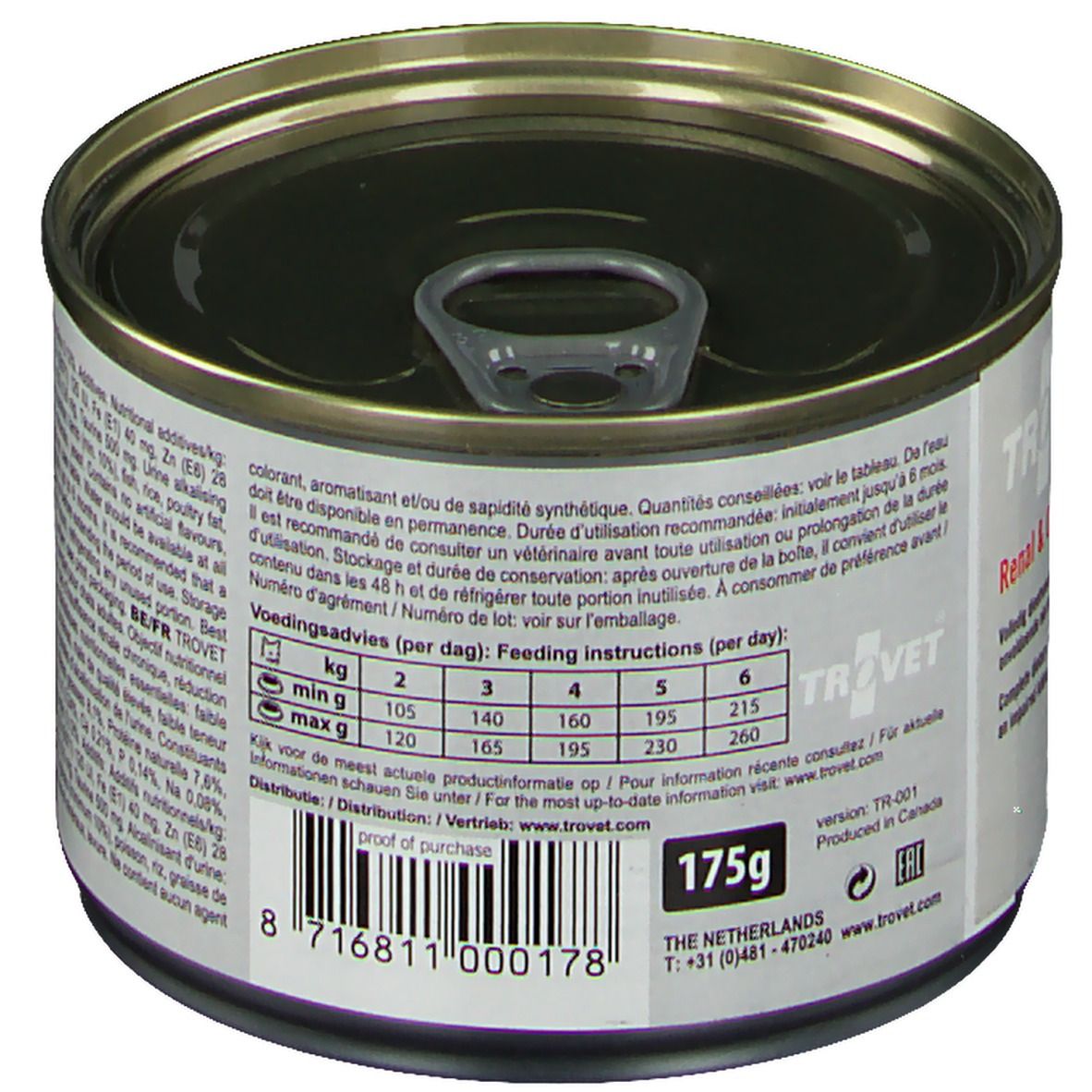 Boîte Trovet RID Renal & Oxalate. Étiquette avec informations produit, recommandations d'alimentation. 175g.