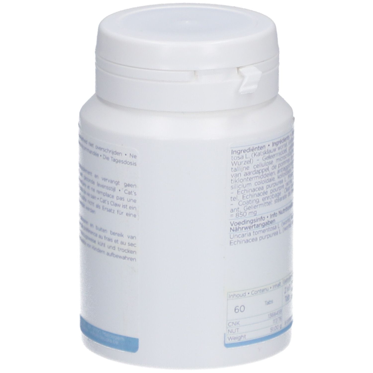 Flacon blanc avec couvercle. Dos avec texte. Contient ingrédients et informations nutritionnelles. Ligne bleue en bas. 60 comprimés.
