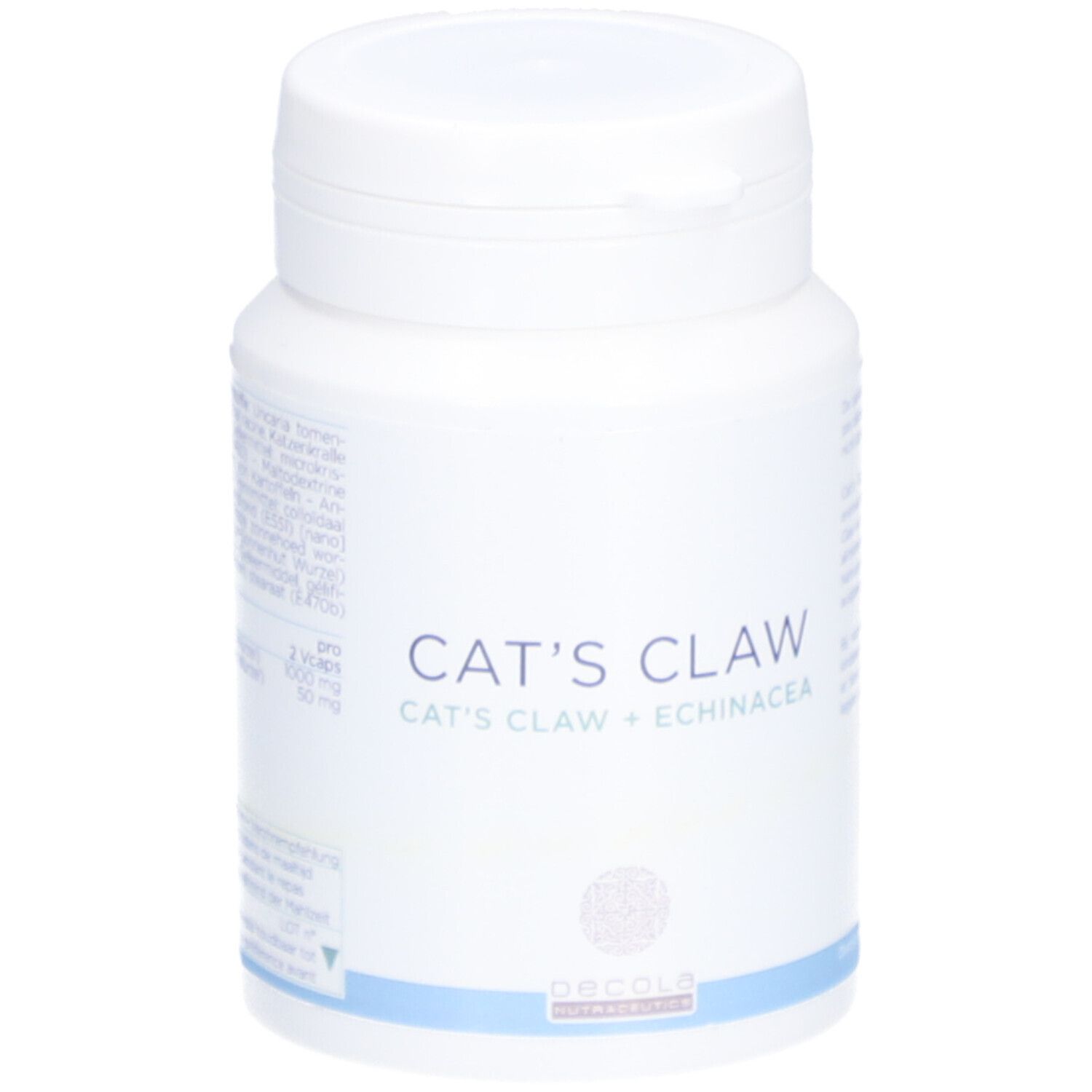 Flacon blanc avec couvercle. Inscription: CAT'S CLAW, CAT'S CLAW + ECHINACEA. Marque: Decola Nutrition. Ligne bleue en bas.