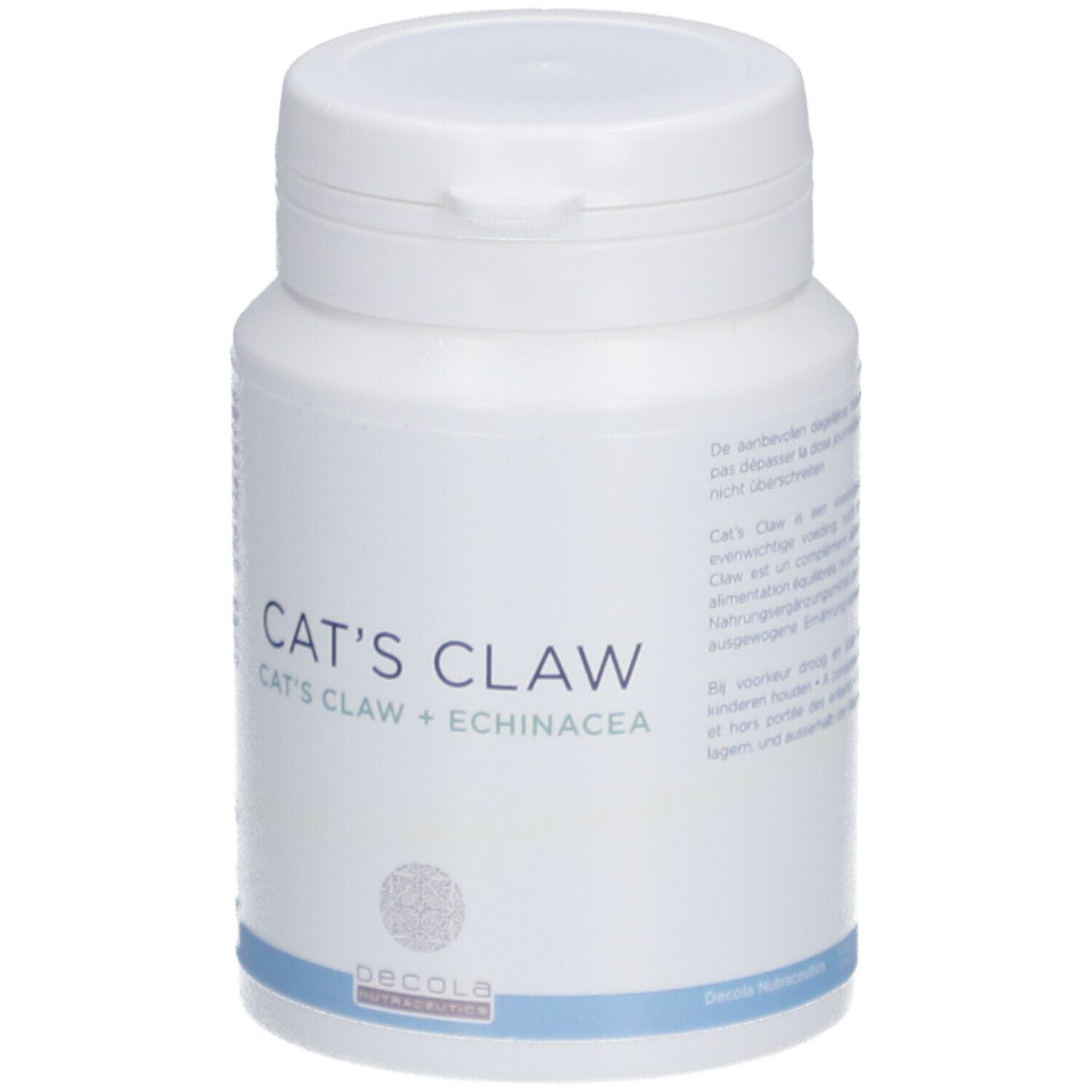 Flacon blanc avec couvercle. Inscription: CAT'S CLAW, CAT'S CLAW + ECHINACEA. Marque: Decola Nutrition. Ligne bleue en bas.