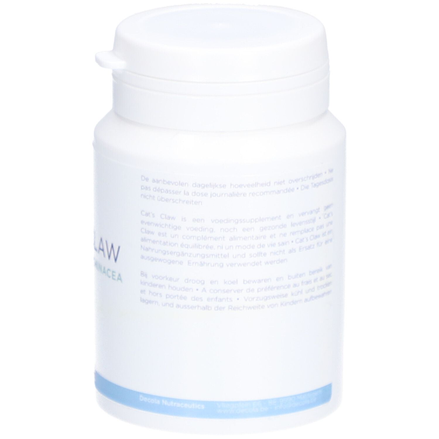 Flacon blanc avec couvercle. Dos avec texte. Contient des informations. Ligne bleue en bas. Marque: Decola Nutrition.
