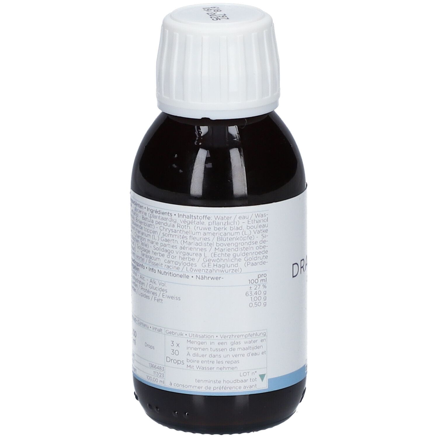 Bouteille de liquide brun avec bouchon blanc. Étiquette avec ingrédients et dosage. "Draineur Detox".