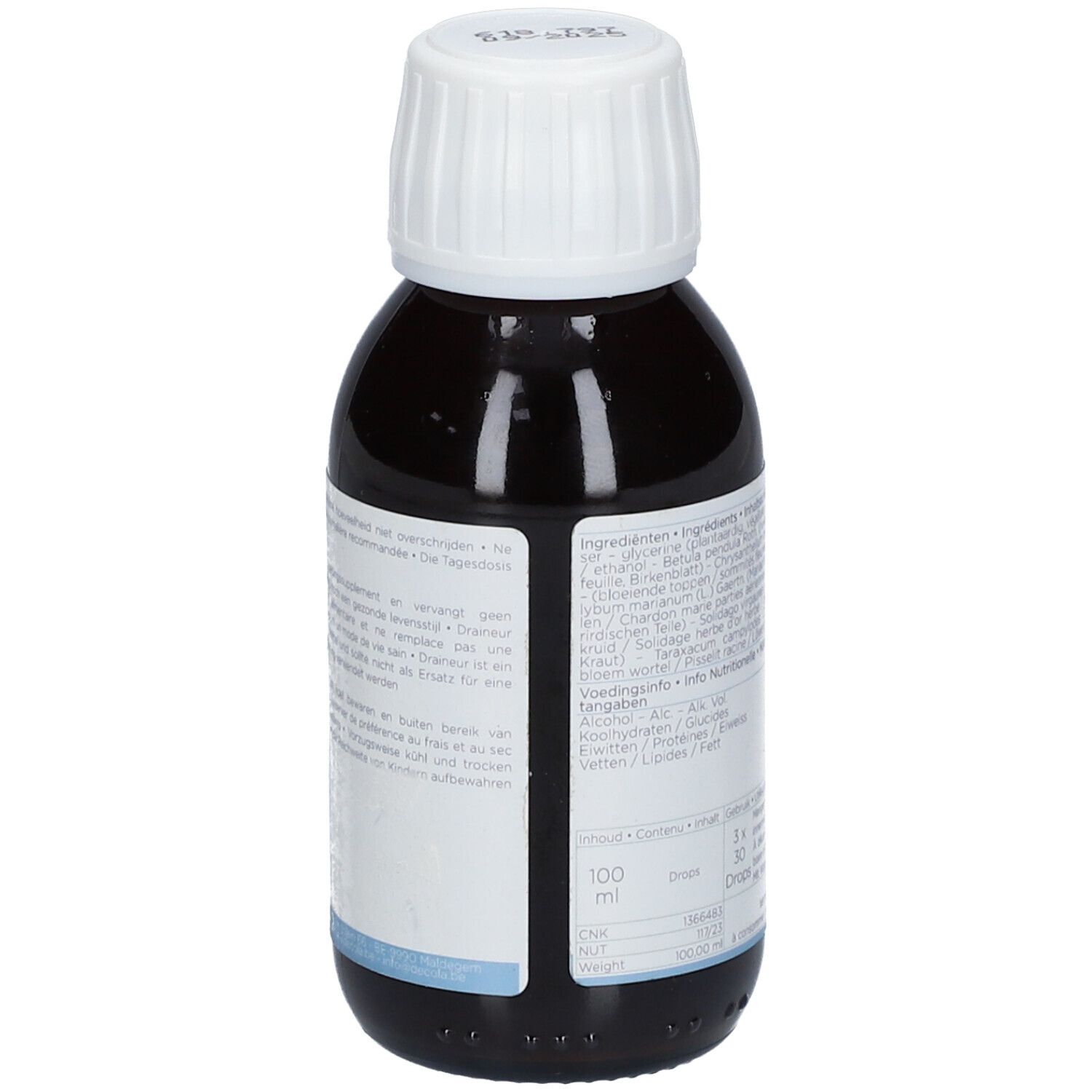 Bouteille de liquide brun avec bouchon blanc. Étiquette avec ingrédients et valeurs nutritionnelles. "Draineur Detox".