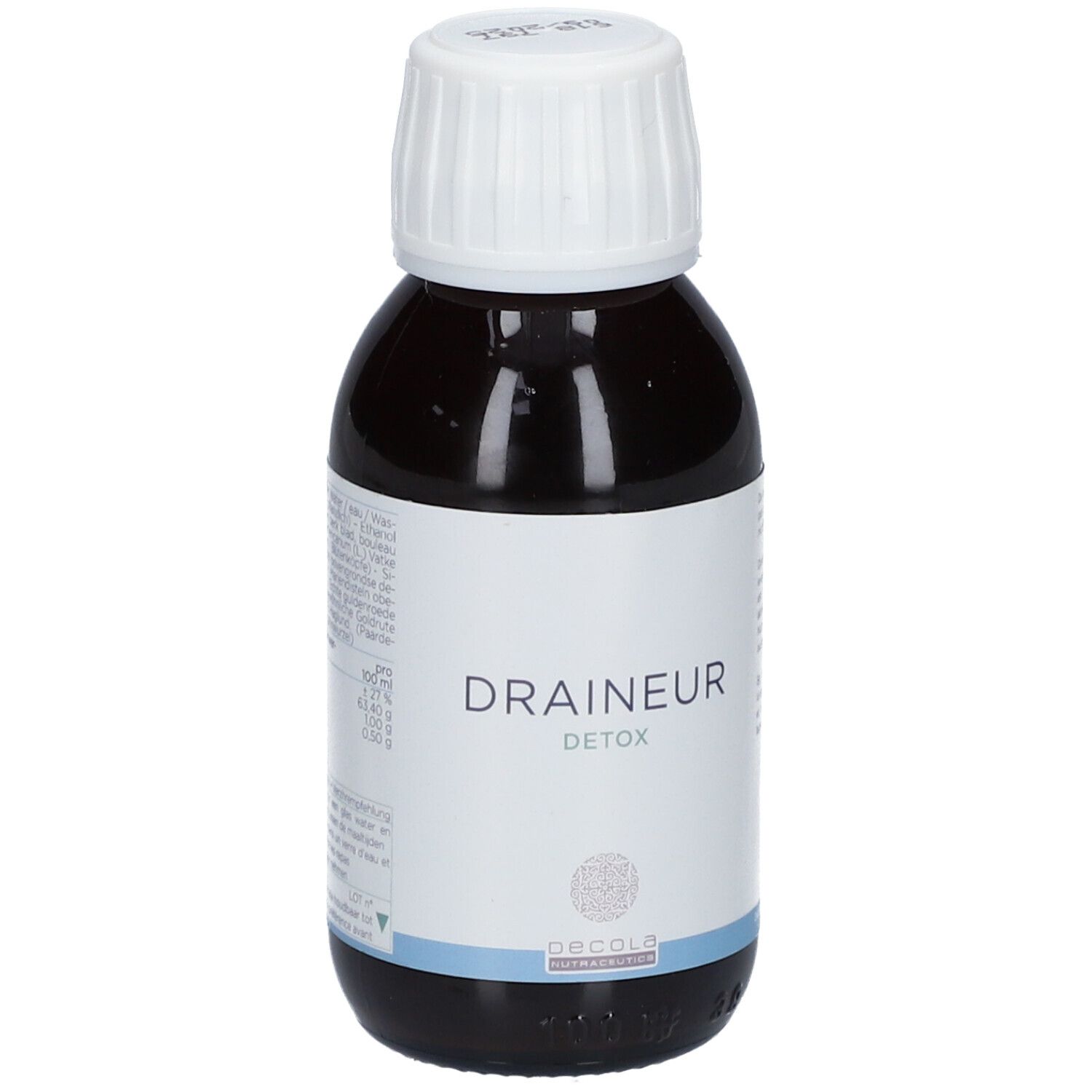 Liquide brun en bouteille à bouchon blanc. L'étiquette indique "Draineur Detox".