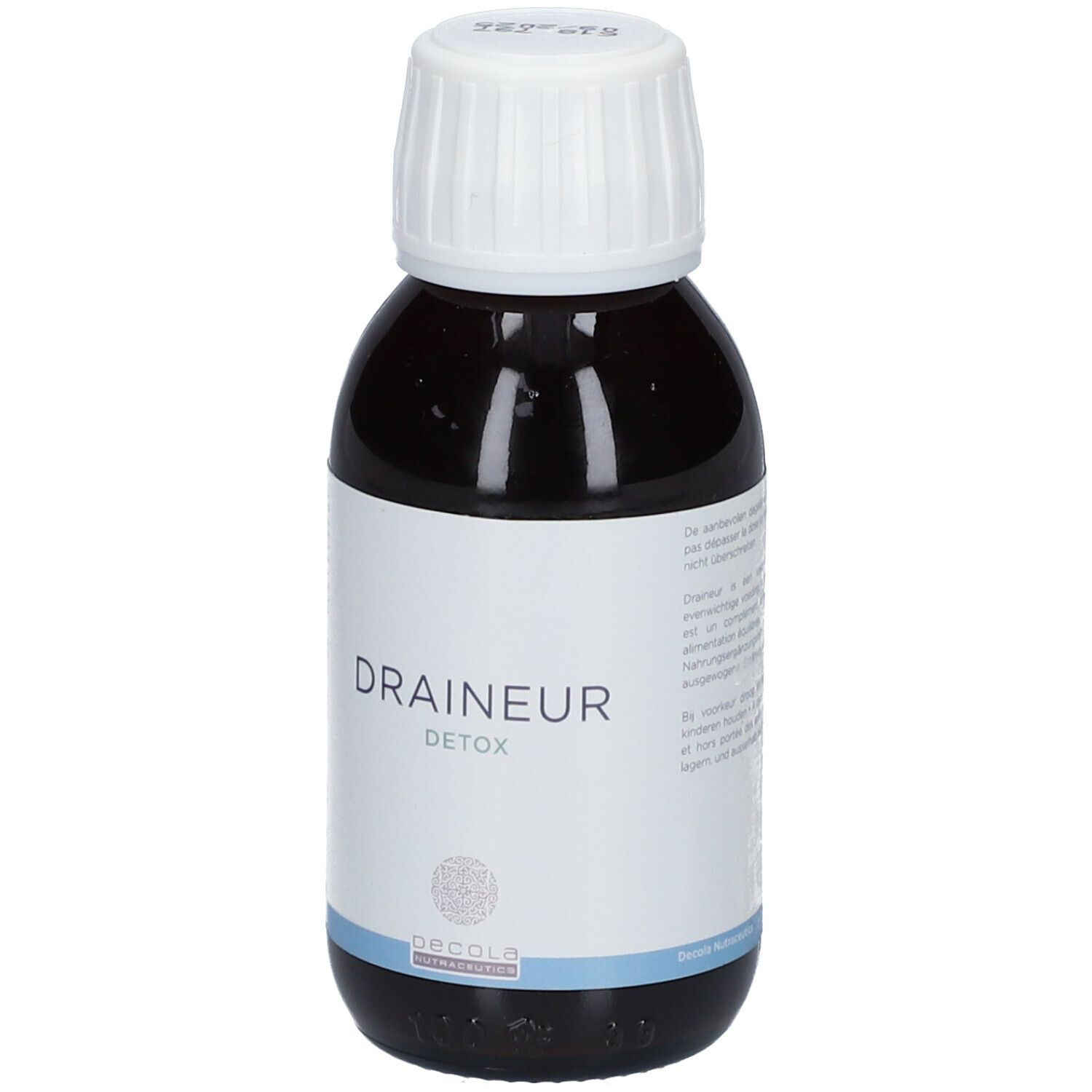 Liquide brun en bouteille à bouchon blanc. L'étiquette indique "Draineur Detox".