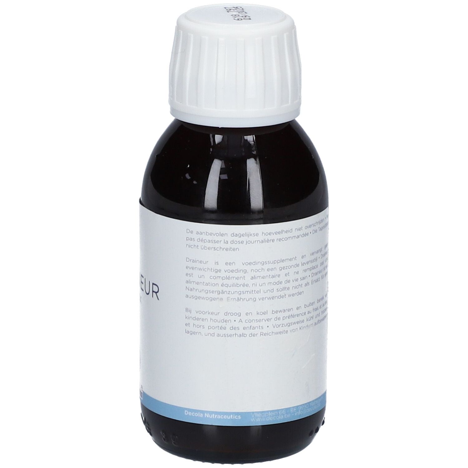 Bouteille de liquide brun avec bouchon blanc. Étiquette avec informations produit. "Draineur Detox".