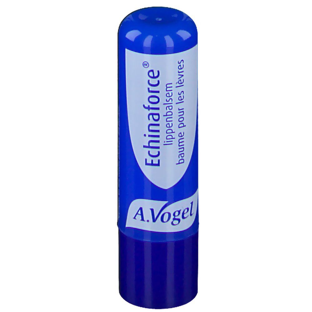 Stick de baume à lèvres bleu et blanc. Nom du produit et marque visibles. Capuchon bleu.