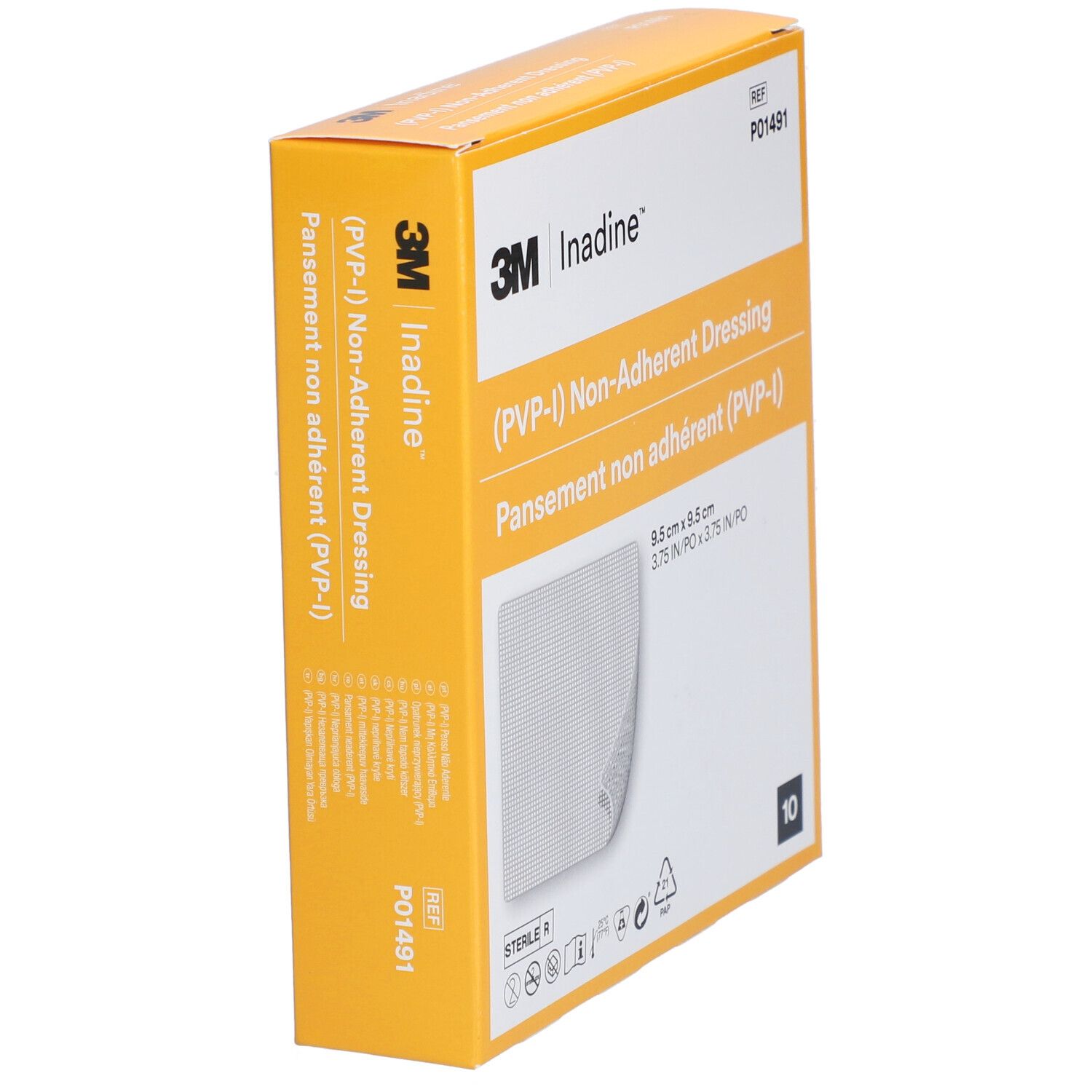 Schuin geplaatste gele verpakking met 3M en Inadine logo. (PVP-I) Niet-verklevend verband. Bevat 10 stuks.
